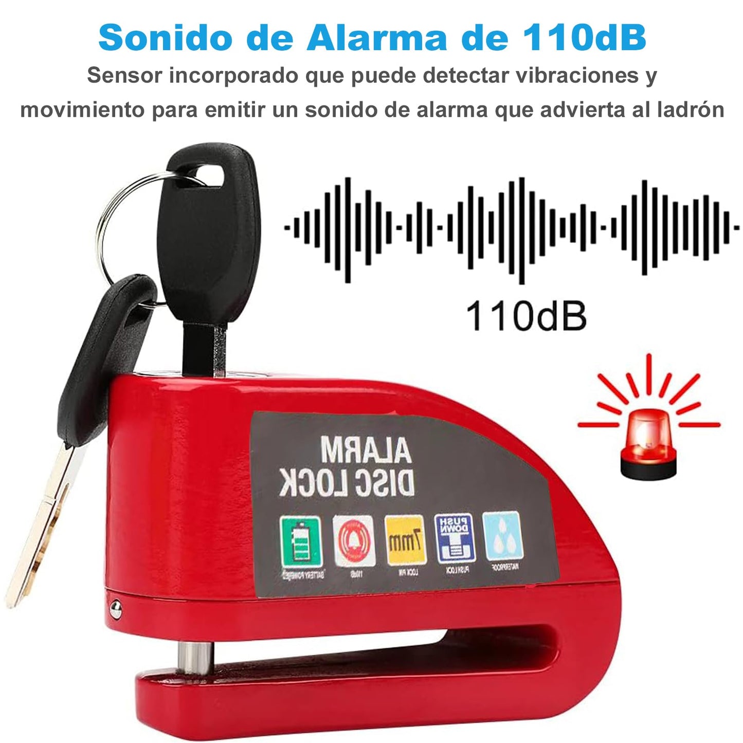 Candado para Motocicleta y Bicicleta, Candado para Motocicleta Universal con Alarma de 110dB Impermeable IP65 Seguro Antirrobo Compatible con Motocicleta Bicicleta etc Vehículos con Llanta de Disco
