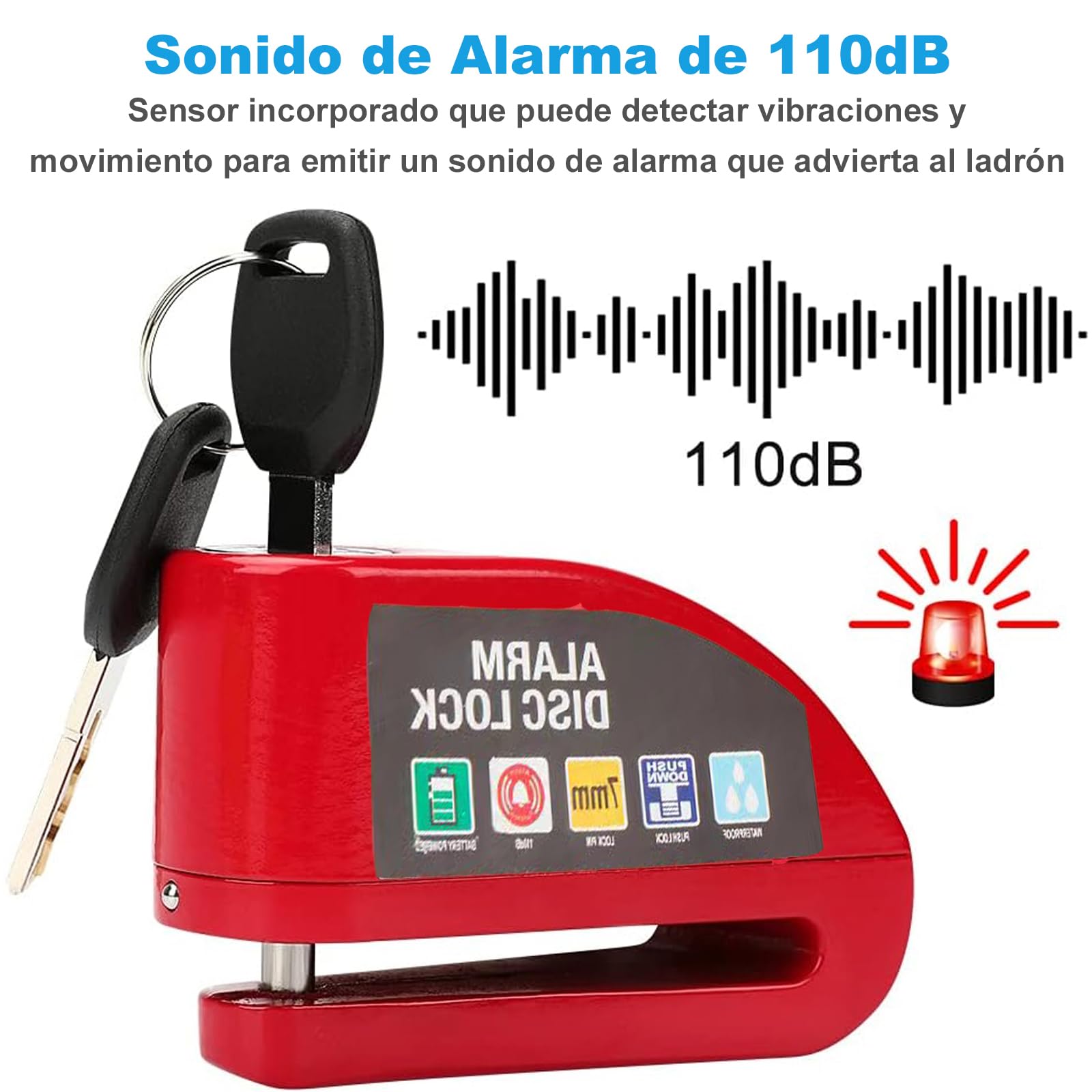 Candado para Motocicleta y Bicicleta, Candado para Motocicleta Universal con Alarma de 110dB Impermeable IP65 Seguro Antirrobo Compatible con Motocicleta Bicicleta etc Vehículos con Llanta de Disco