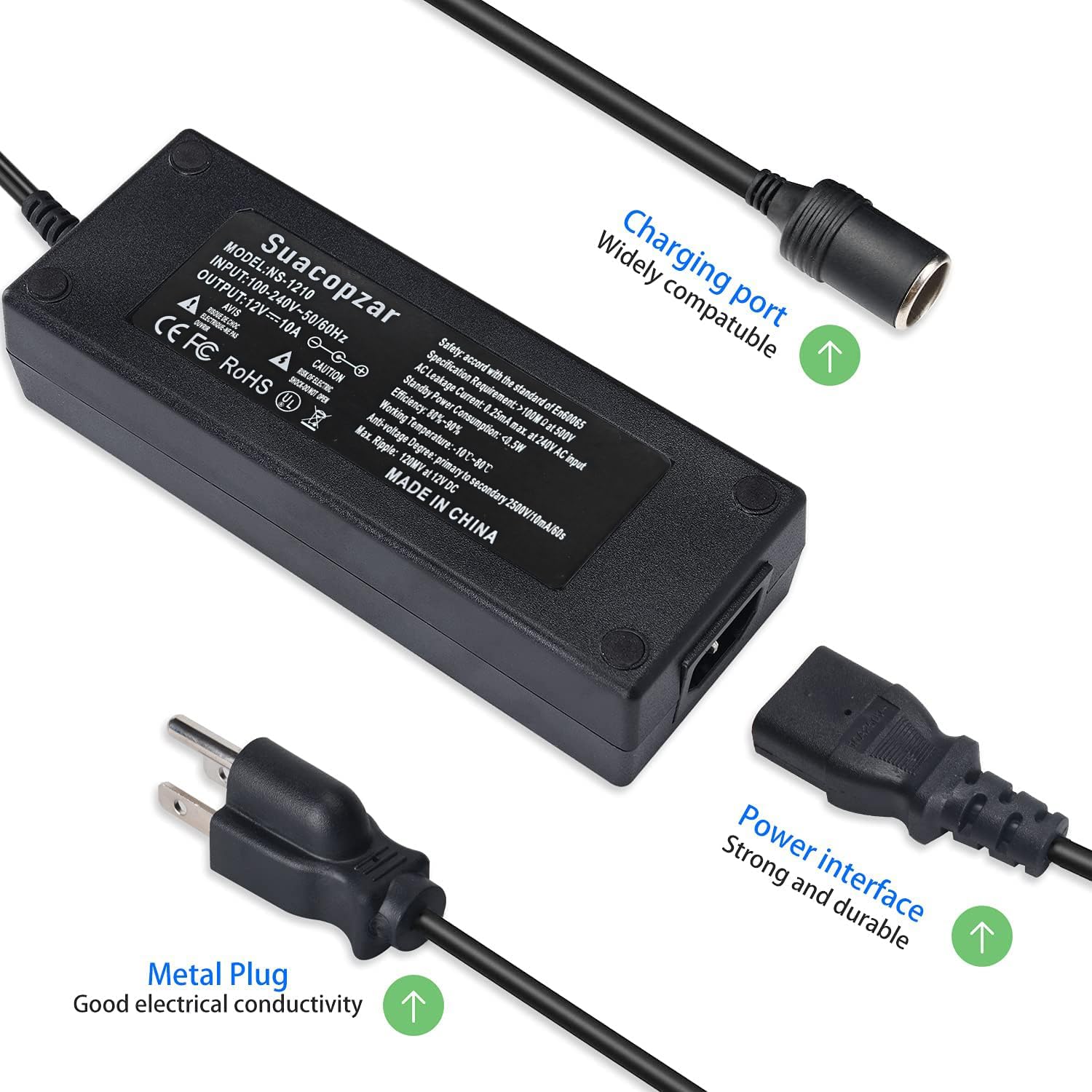 Convertidor Suacopzar 10 Pies Negro con Fuente de Alimentación de 110 V a 12 V para Coche