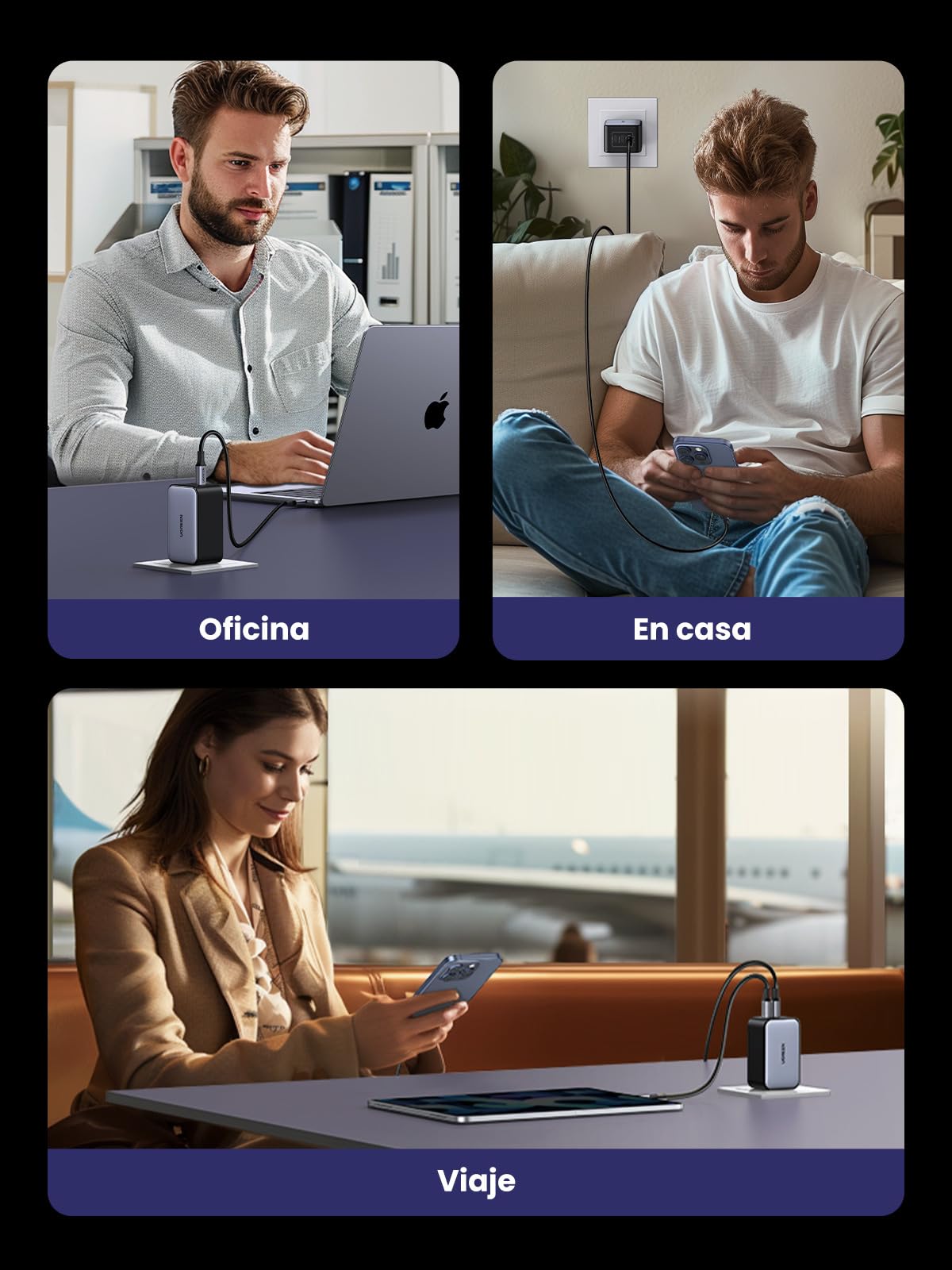 Cargador USB C 65W UGREEN Blanco Nexode GAN con 3 Puertos Compatible con iPhone Galaxy MacBook iPad Pixel Steam Deck