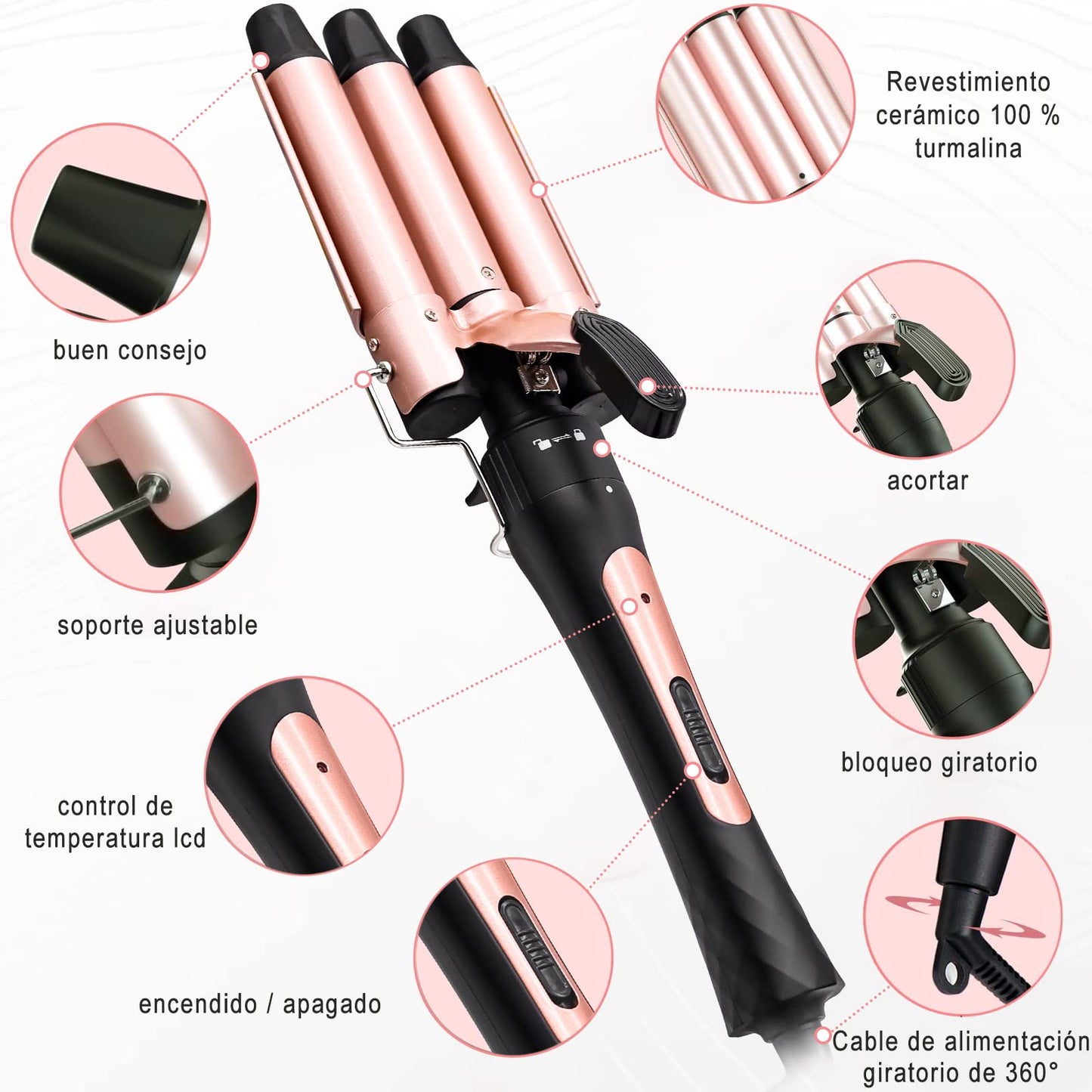 Rizador de Cabello, Juego de Rizadora de Pelo 3 en 1 con 3 Barriles, Ferro de Rizador de Cabello Intercambiables, Ondas Cerámica con Temperatura Ajustable Calentamiento Rápido, para Todo Tipo de Pelo