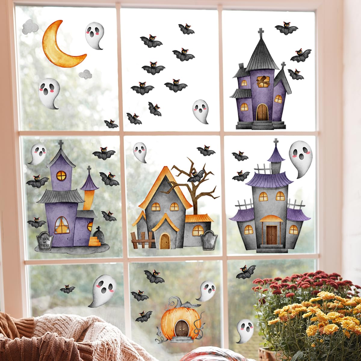 Haunted House - Calcomanías de pared de Halloween, calcomanías espeluznantes de calabaza, calcomanías de ventana, mural de decoración de pared para guardería, bebé, recámara, sala de estar, cocina,