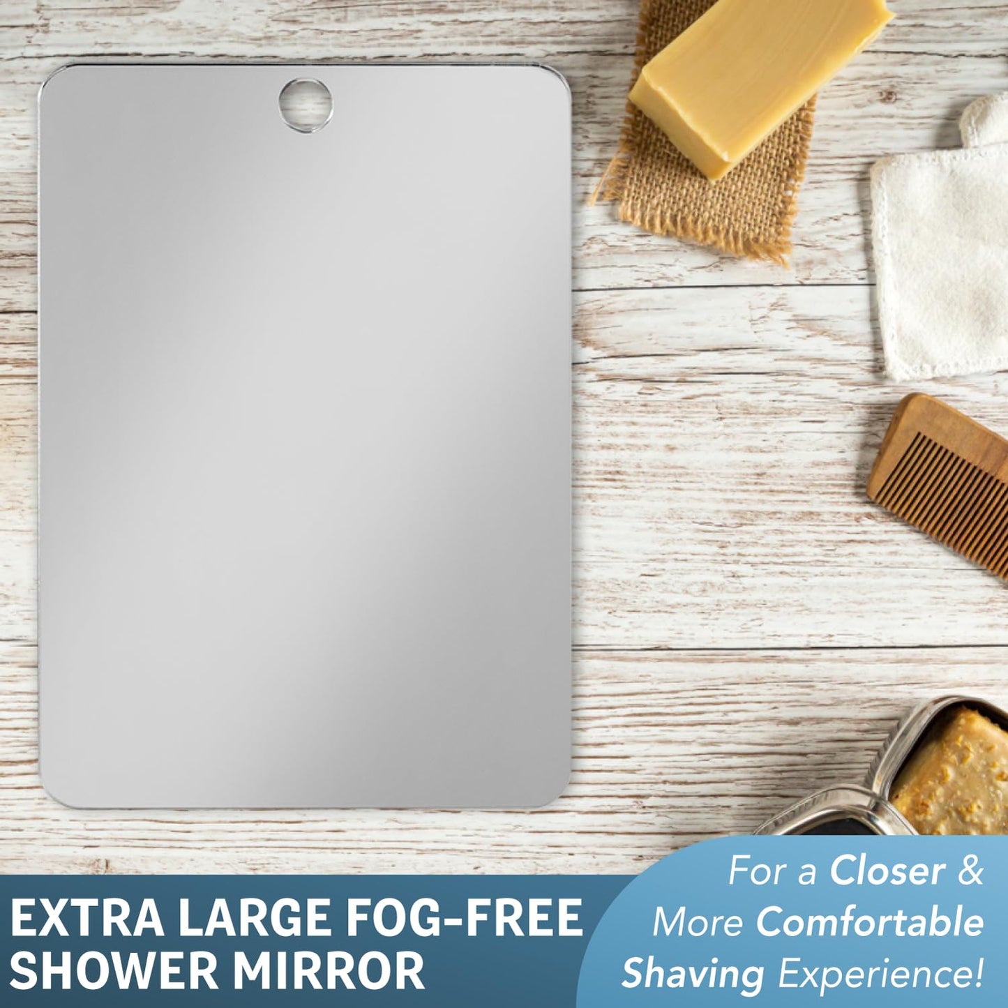 The Shave Well Company - Espejo de Afeitar antivaho XL, Espejo de Ducha de baño sin Niebla con opción de Mano para Hombres y Mujeres, Espejo de Ducha Colgante sin Niebla Incluye Gancho calcomanía