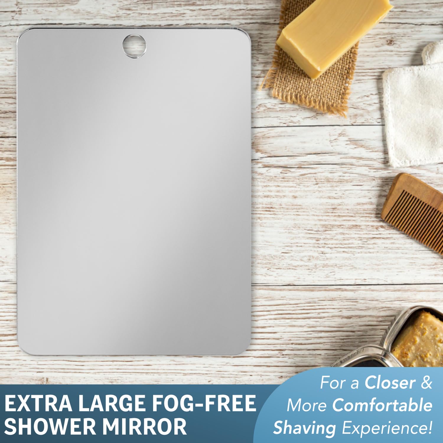 The Shave Well Company - Espejo de Afeitar antivaho XL, Espejo de Ducha de baño sin Niebla con opción de Mano para Hombres y Mujeres, Espejo de Ducha Colgante sin Niebla Incluye Gancho calcomanía