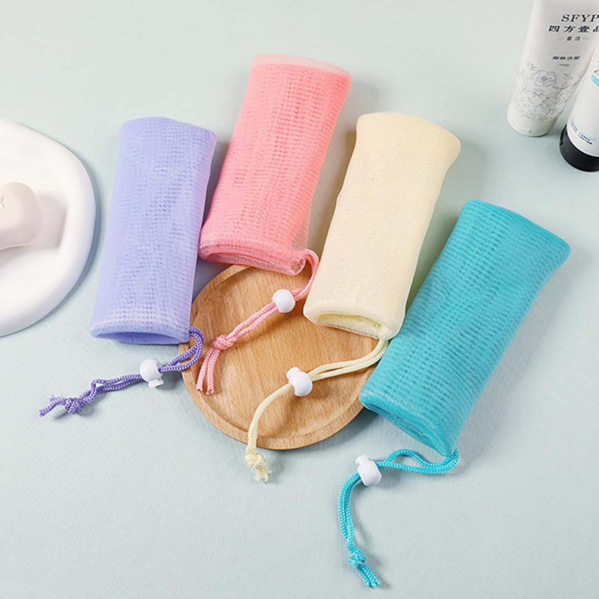 10 paquetes de bolsas de jabón de malla exfoliante, bolsa de malla para guardar jabón, red de espuma de burbujas, bolsa de jabón de red con cordón para ducha, herramienta de limpieza facial y