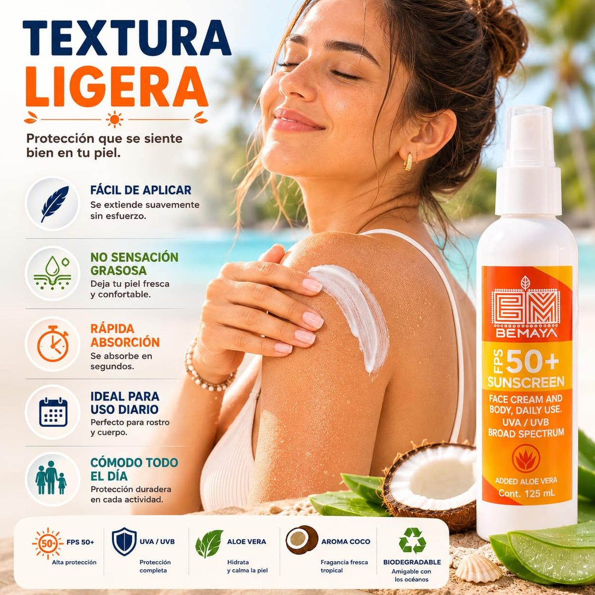 Bemaya Protector Solar Mineral Coco FPS 50+ | Bloqueador Corporal UVA/UVB | Biodegradable | 125 ml