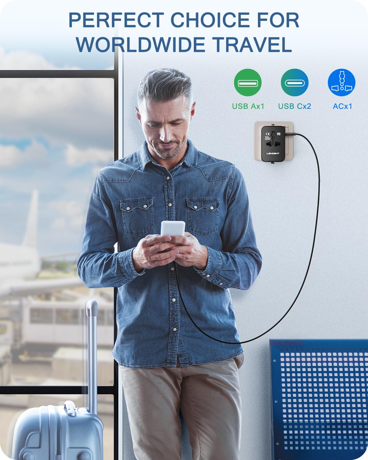 LENCENT Adaptador Universal de Viaje, Cargador Internacional con 1 USB-A y 2 USB-C, Todo en Uno Adaptador Internacional con Enchufe Tipo A/C/G/I, Ideal para USA/UE/UK/Australia/Argentina/Brasil/China