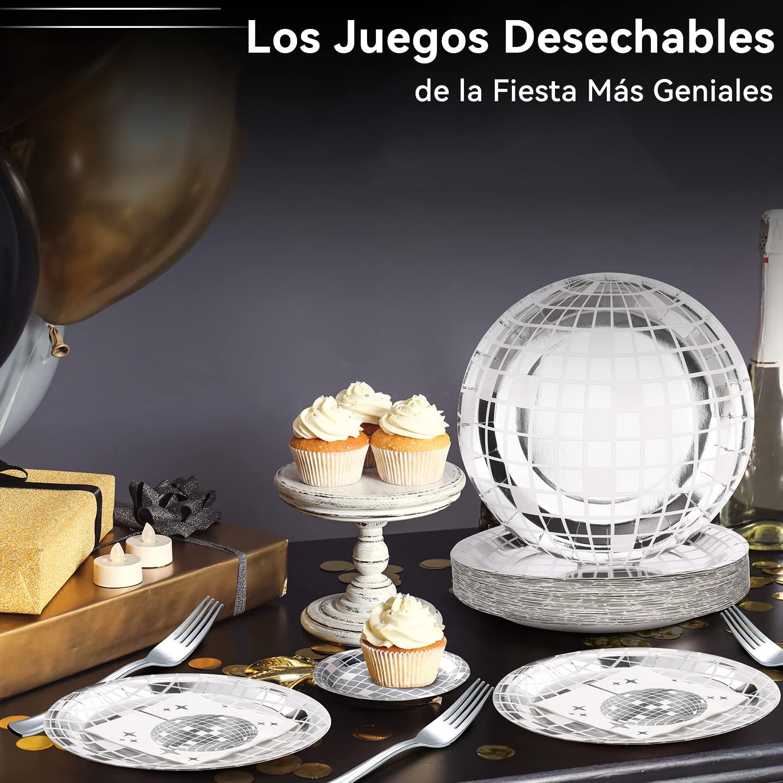 Juego de 175 Piezas de Vajilla para Fiesta de Discoteca, Platos, Tenedores, Cuchillos, Servilletas, Platos de Fiesta, Suministros de Fiesta de Discoteca de los años 70-90, para 25 Invitados (Plateado)