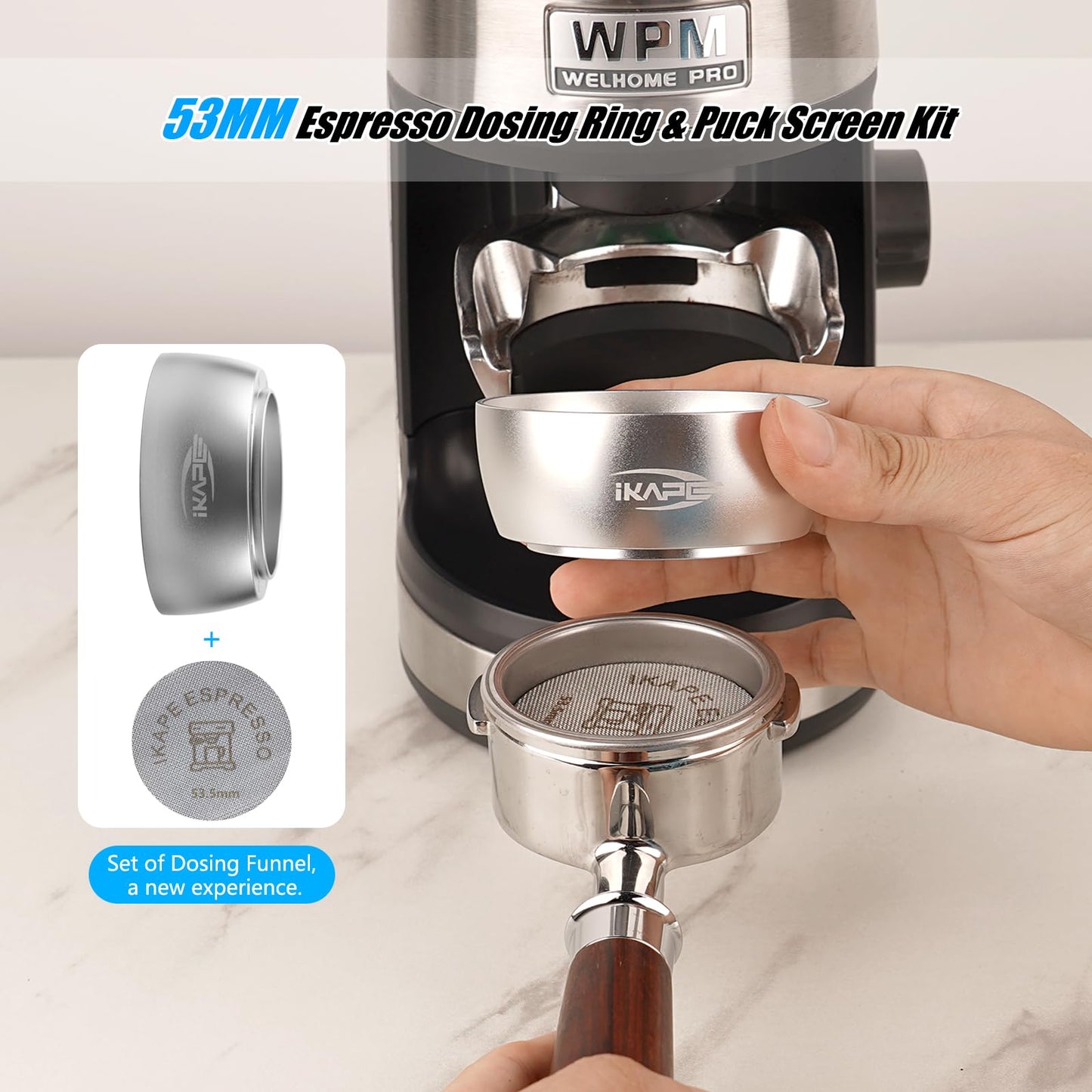 IKAPE - Juego de embudo de dosificación magnética, anillo de dosificación espresso de 53 mm y kit de visualización de disco compatible con portafiltro Delonghi de 54 mm sin fondo - con 8 imanes pequeños (plata)