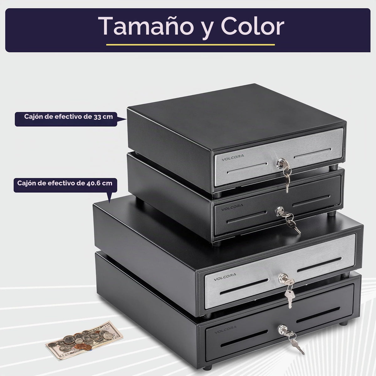 Cajón de Caja Registradora Volcora Negro Acero Inoxidable Duradero con Bandeja Extraíble para Sistema POS