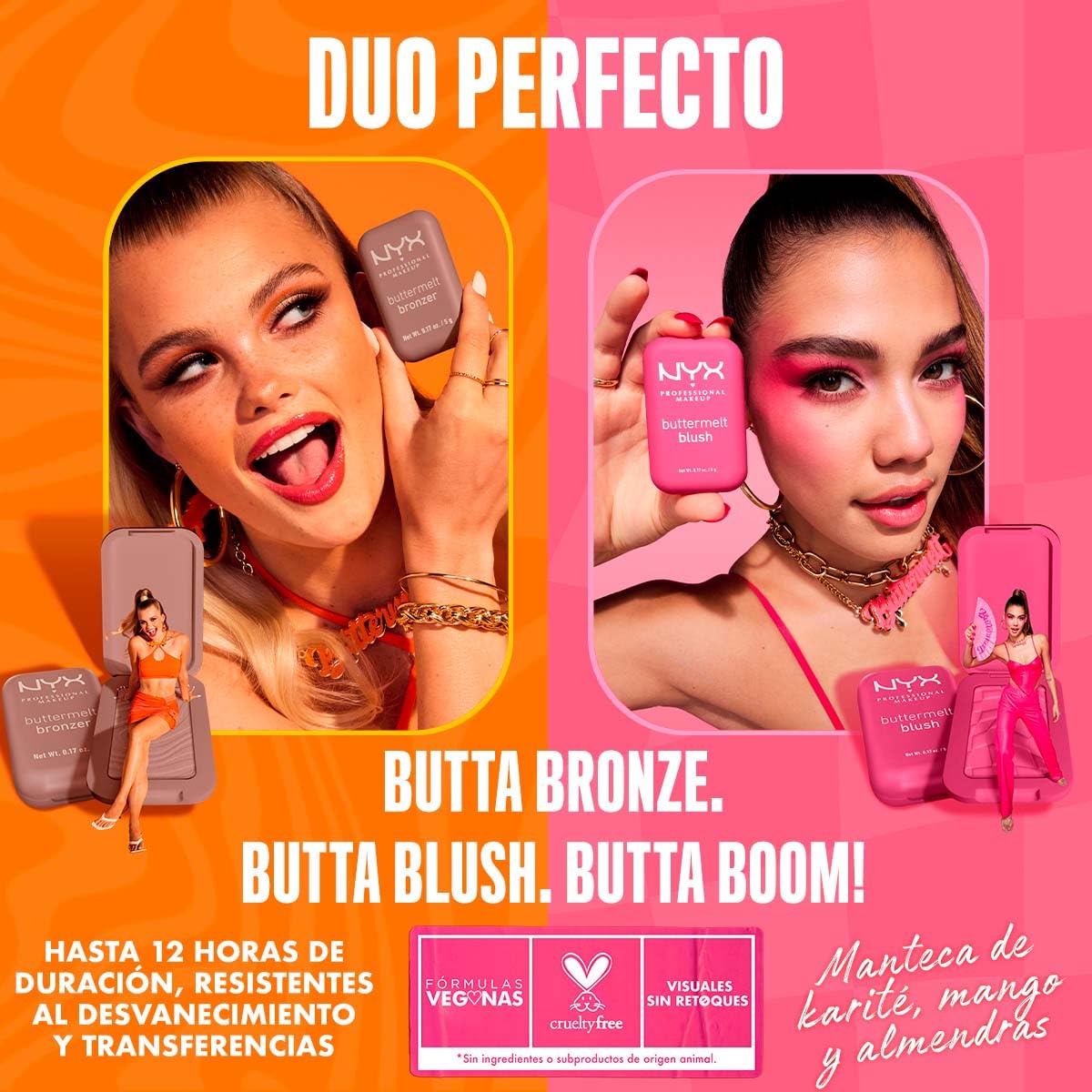 NYX Professional Makeup, Buttermelt Blush, Tono: Feeling Butta (rosa oscuro). Rubor cremoso en polvo infusionado con manteca de karité, mango y almendras, hasta 12hrs de uso, no se desvanece, resistente a transferencias. Fórmula vegana.