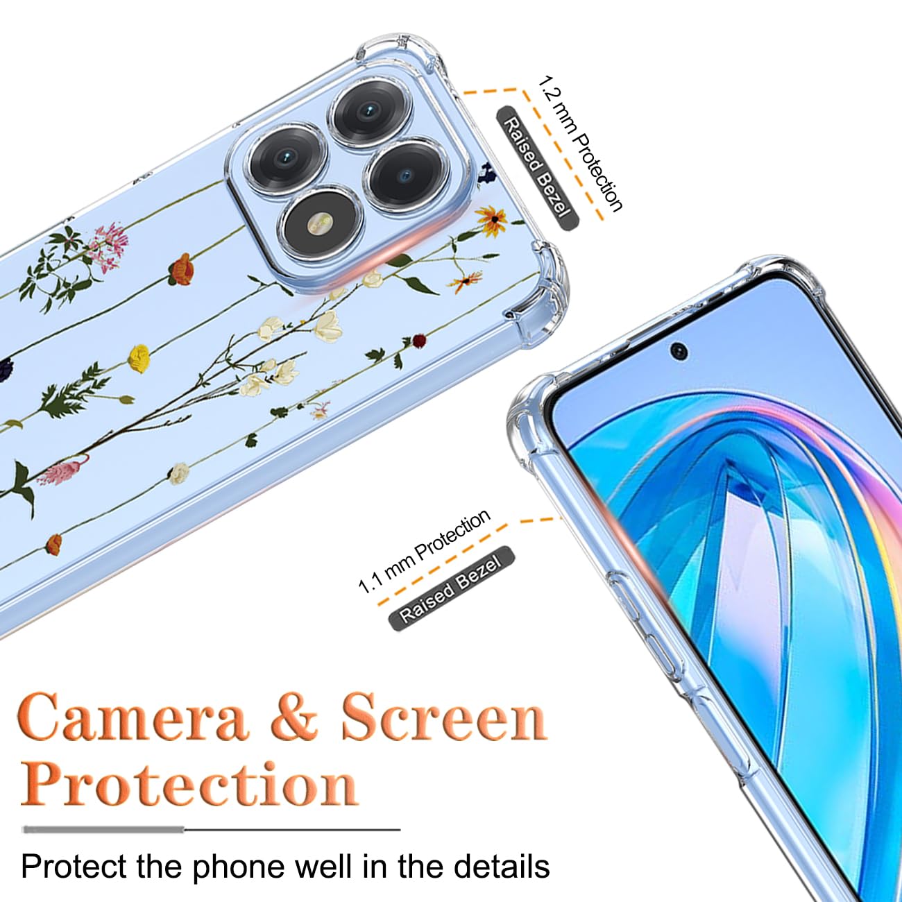 GTBDEKI - Funda para teléfono de honor X8A, funda CRT-LX1 con protector de visualización, funda transparente con patrones de jardín de flores para honor X8A floral Garden
