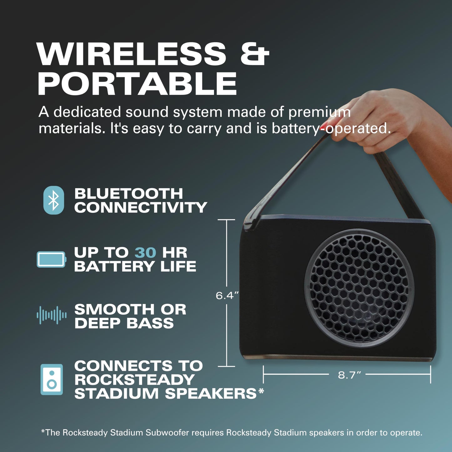 Rocksteady Stadium 2.0 Subwoofer - Bajo portátil inalámbrico, doble ecualizador, alcance de hasta 150 pies - Hasta 30 horas de duración de la batería - Subwoofer y correa de transporte