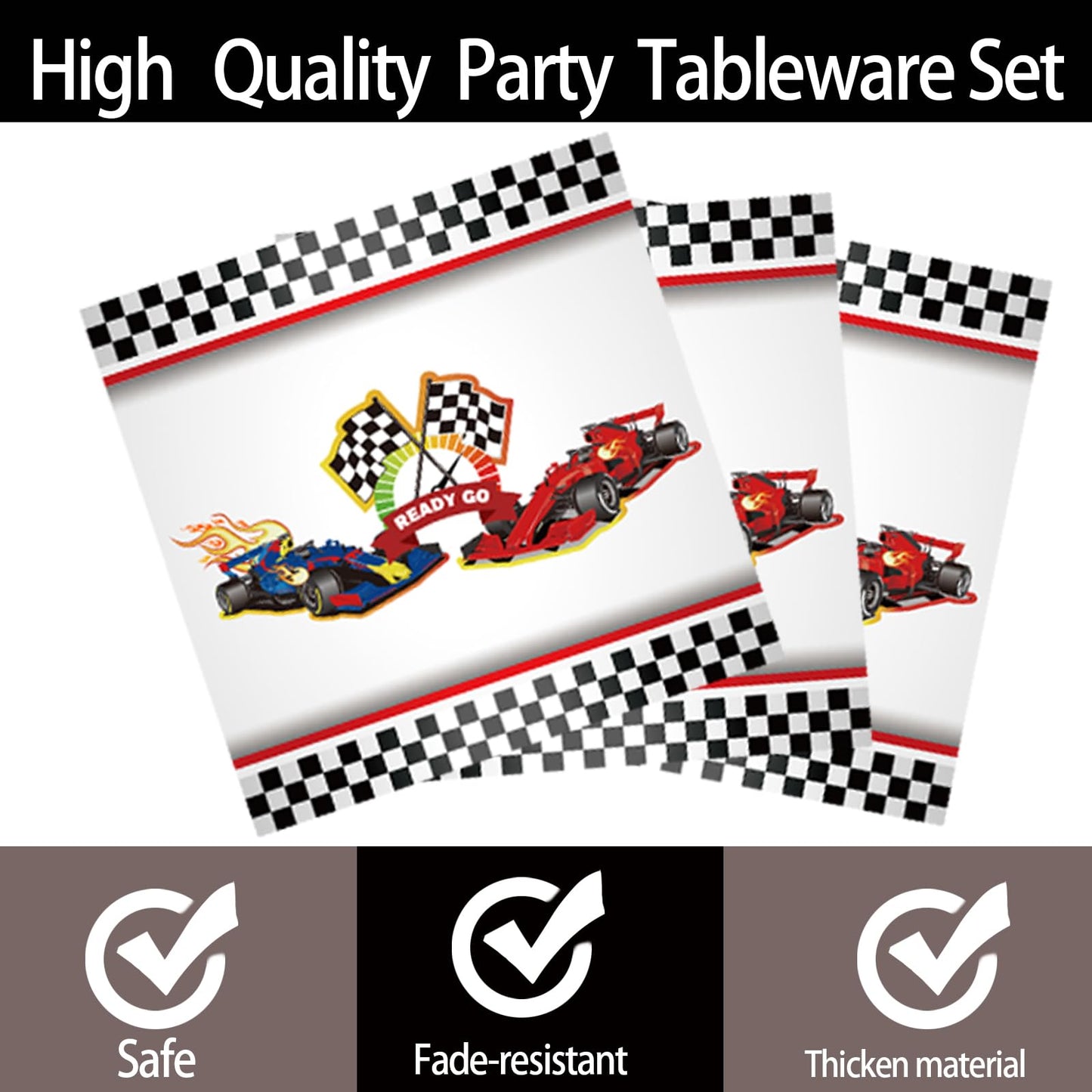 Bzxxysi - Juego de vajilla para fiesta de cumpleaños para coche, diseño rojo y negro, incluye platos, servilletas, tazas, tenedores, mantel, pancartas para 24 invitados