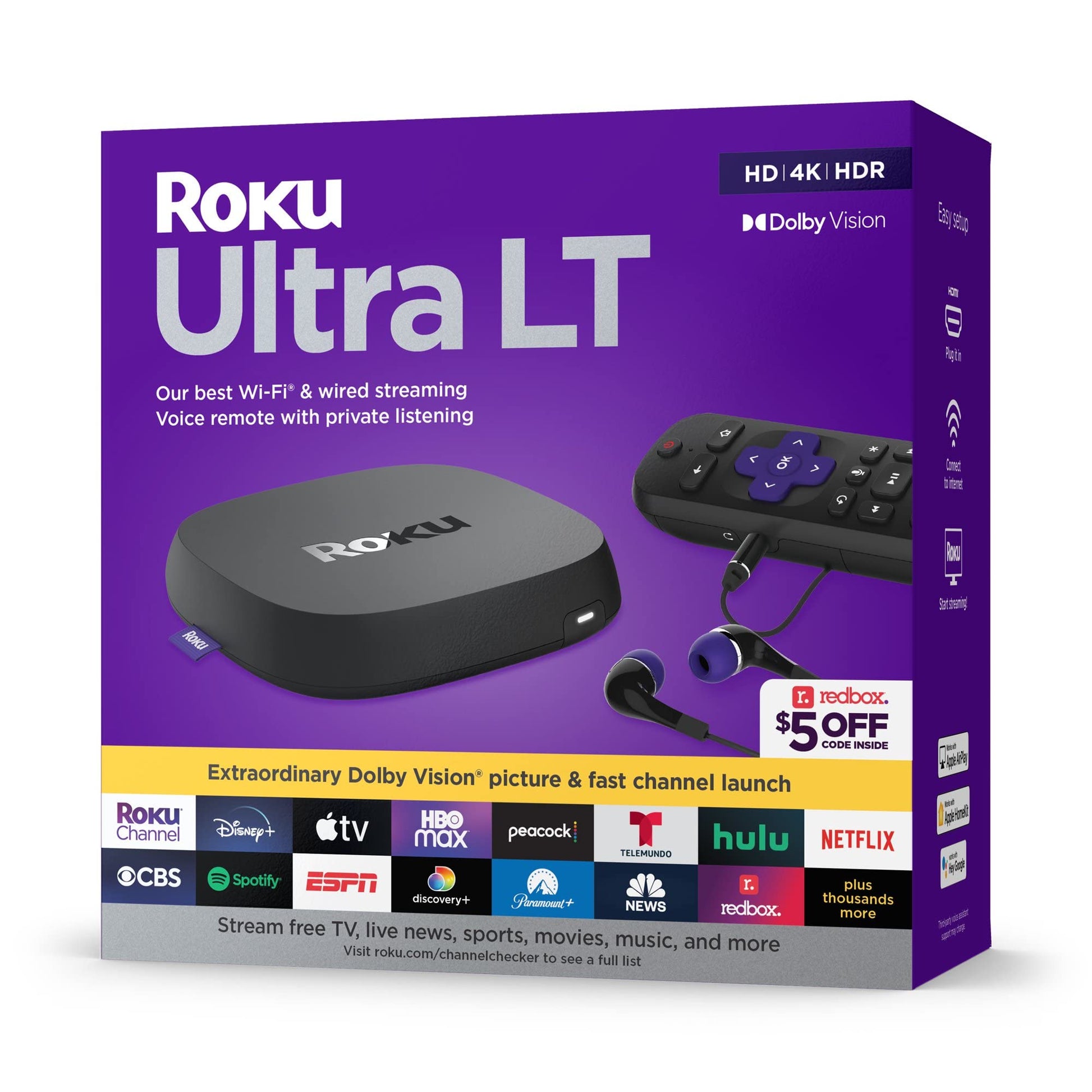 Roku Ultra LT (2023) HD/4K/HDR Dolby Vision | Reproductor de transmisión Quad-Core con cable HDMI, audífonos, control remoto con escucha privada, Ethernet (Reacondicionado)