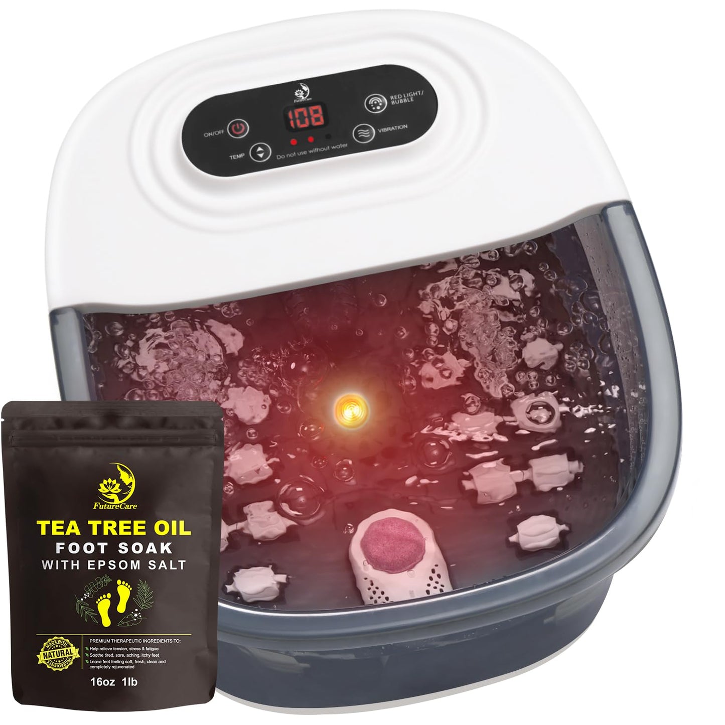 FutureCare Masajeador De Pies Con Burbujas De Calor Masaje Vibratorio Y Chorros 16 Oz De Sal De Epsom Con Lavanda Calmante Remojo De Pies Moodrelish Con Luz Roja 22 Rodillos De Masaje Temper