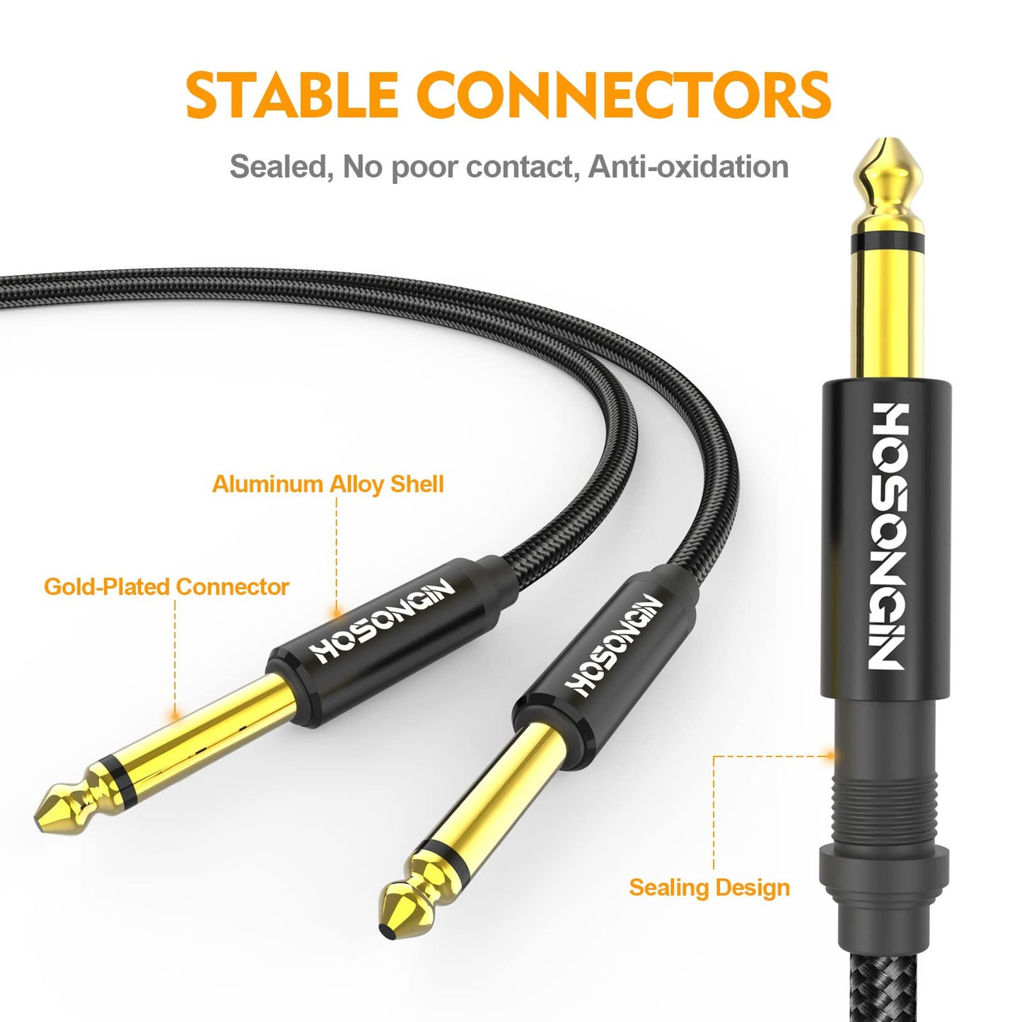 HOSONGIN Cable de instrumento de guitarra de 1/4 pulgadas, paquete de 2 [nailon trenzado blindado], 1/4 pulgadas a 1/4 pulgadas TS macho a macho enchufe overol cable de audio, cuarto de pulgada de