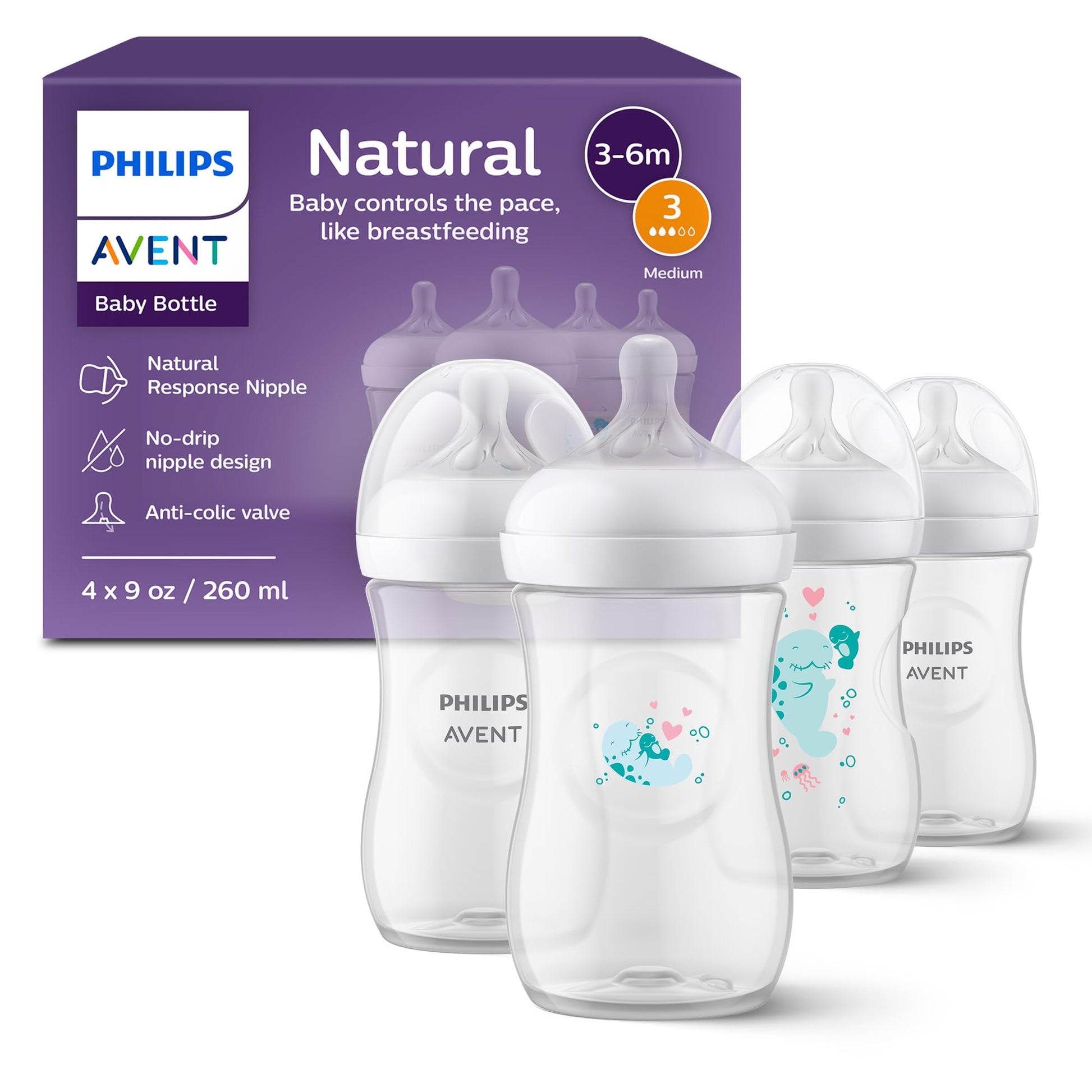 Biberón Natural Response Philips Avent Decorado Foquitas Válvula Anticólicos Flujo Medio