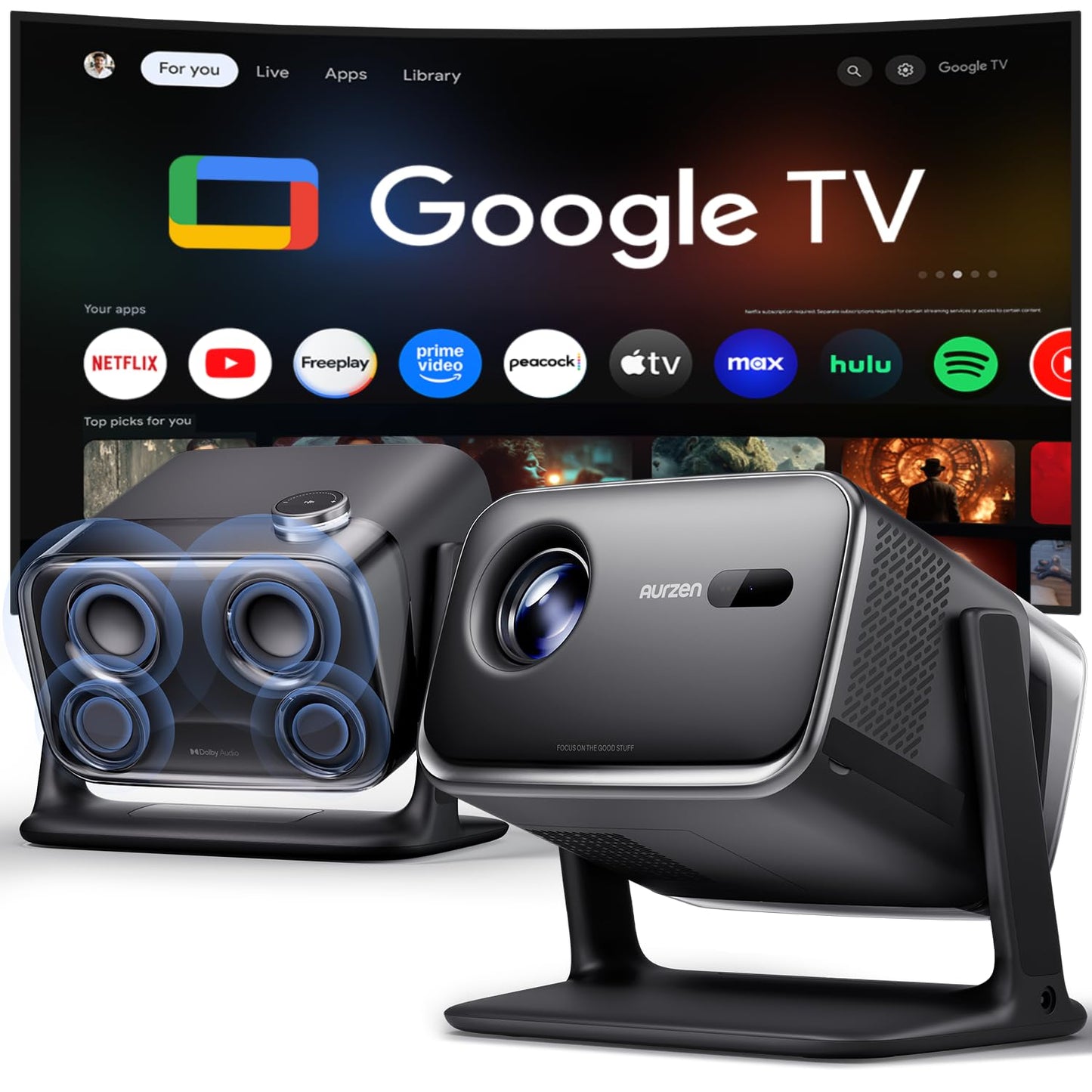Aurzen BOOM Mini proyector inteligente para Google TV para exteriores con WiFi y Bluetooth, control de voz, modo familiar, audio Dolby de 20 W, enfoque en tiempo real, proyector de película compatible