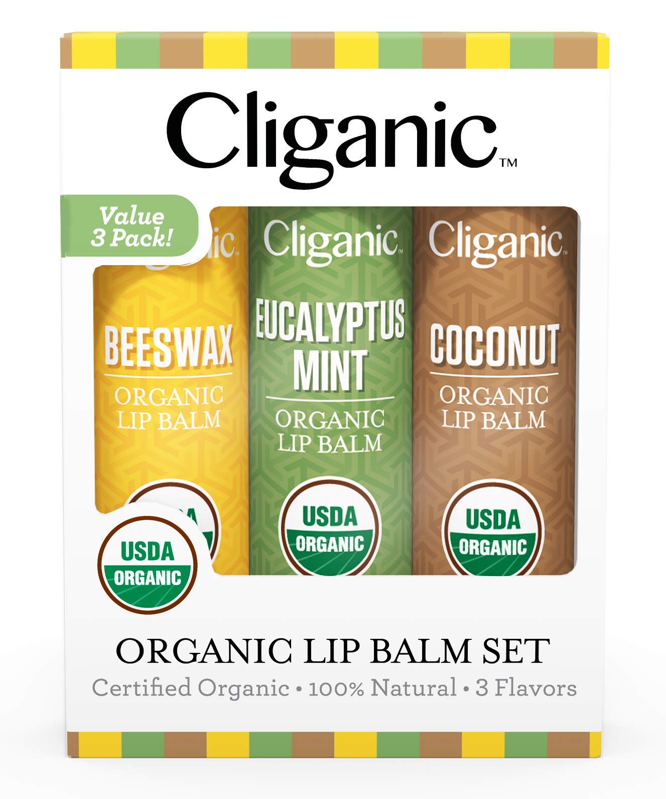 Cliganic Organic Lip Balm Set, 3 pcs - Natural Moisturizer for Cracked and Dry Lips - USDA Organic and Hypoallergenic Lip Balm Pack for Lip Care - Lip Balm for Men and Women - 3 Flavors