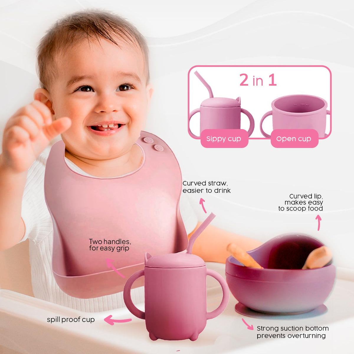 Smart Mommy 2025 - Juego de alimentación de bebé de silicona sin BPA, juego completo de platos y utensilios para bebé: platos, ventosa, utensilios, babero con grabador de alimentos y babero de viaje,