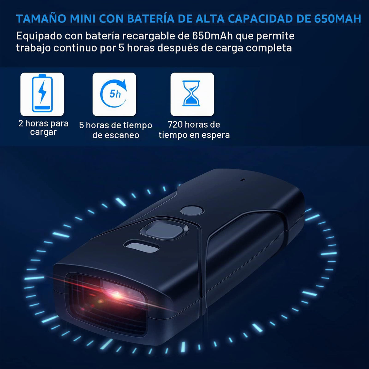 Escáner de Código de Barras Jrhc Mini 2D Negro Portátil Inalámbrico Bluetooth 3 en 1 Compatible con iOS, Android, Windows, Mac y PC