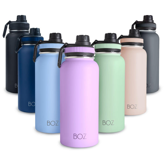 BOZ Botella de agua de acero inoxidable XL (1 L / 32 onzas) de boca ancha, botella de agua de metal sin BPA, botella de agua aislada al aspiradora de doble pared, botella de agua deportiva, botella de