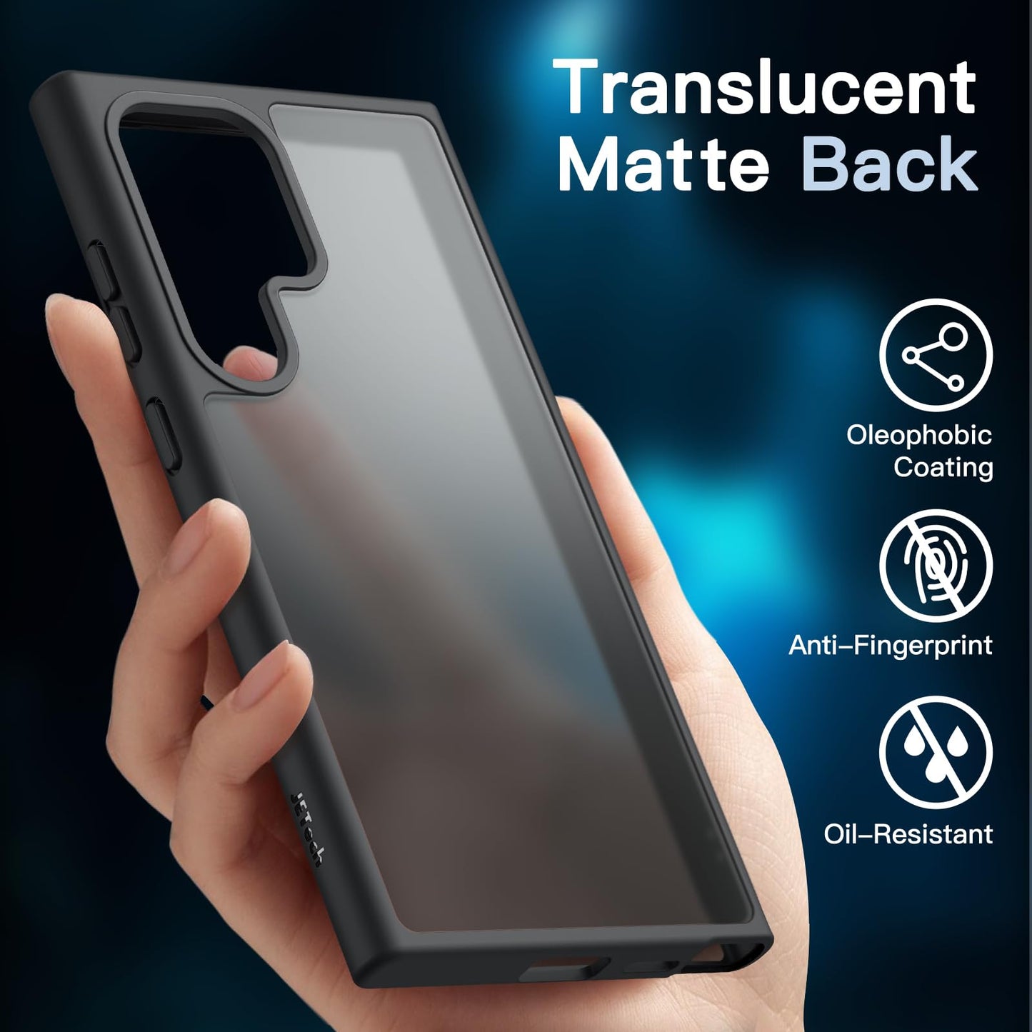 JETech 5 en 1 Funda Mate para Samsung Galaxy S24 Ultra 5G con 2 Protector Pantalla y 2 Protector Lente Cámara, Carcasa Trasera Protectora Translúcida, Cristal Vidrio Templado (Negro)