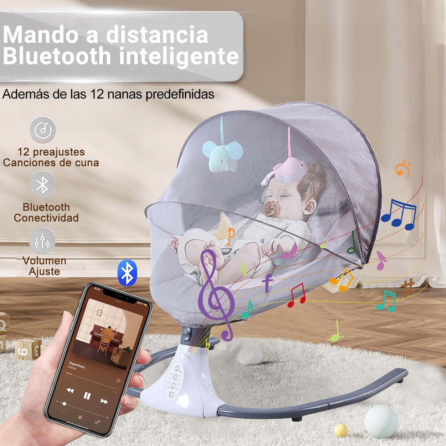 Columpio eléctrico para bebé, mecedora portátil para bebé, mecedora de interior con mando a distancia y bluetooth, 12 canciones de cuna, 4 velocidades de balanceo, arnés de 3 puntos (Gris pálido)