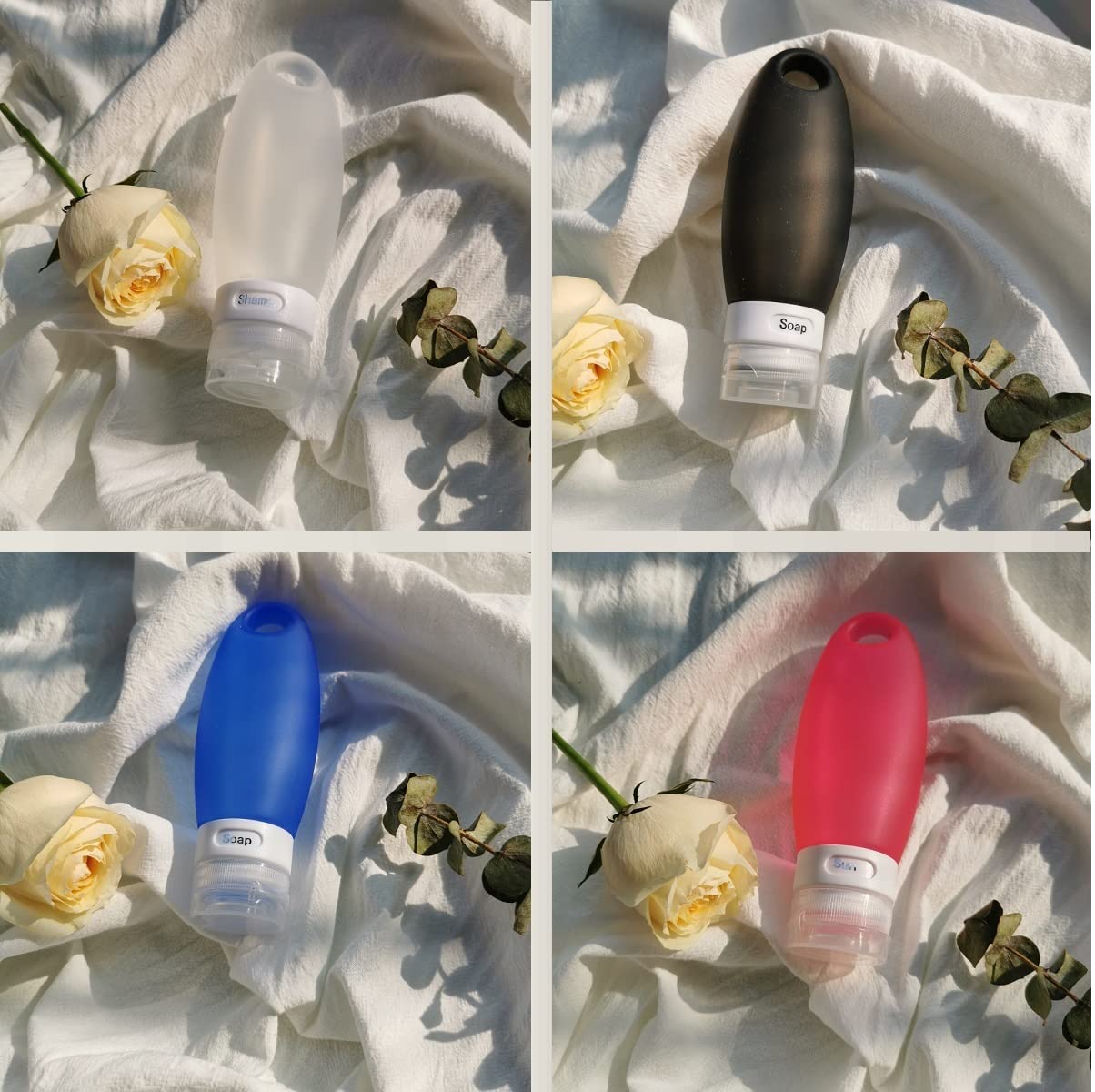 SMING Portable Soft Silicone Travel bottles Set TSA Approved Carry On Shampoo Conditioner Bottle Leak Proof Design BPA Free for Cosmetics 3.3 Oz with Shower Lanyard in EVA Bag(4 Pack (multi))