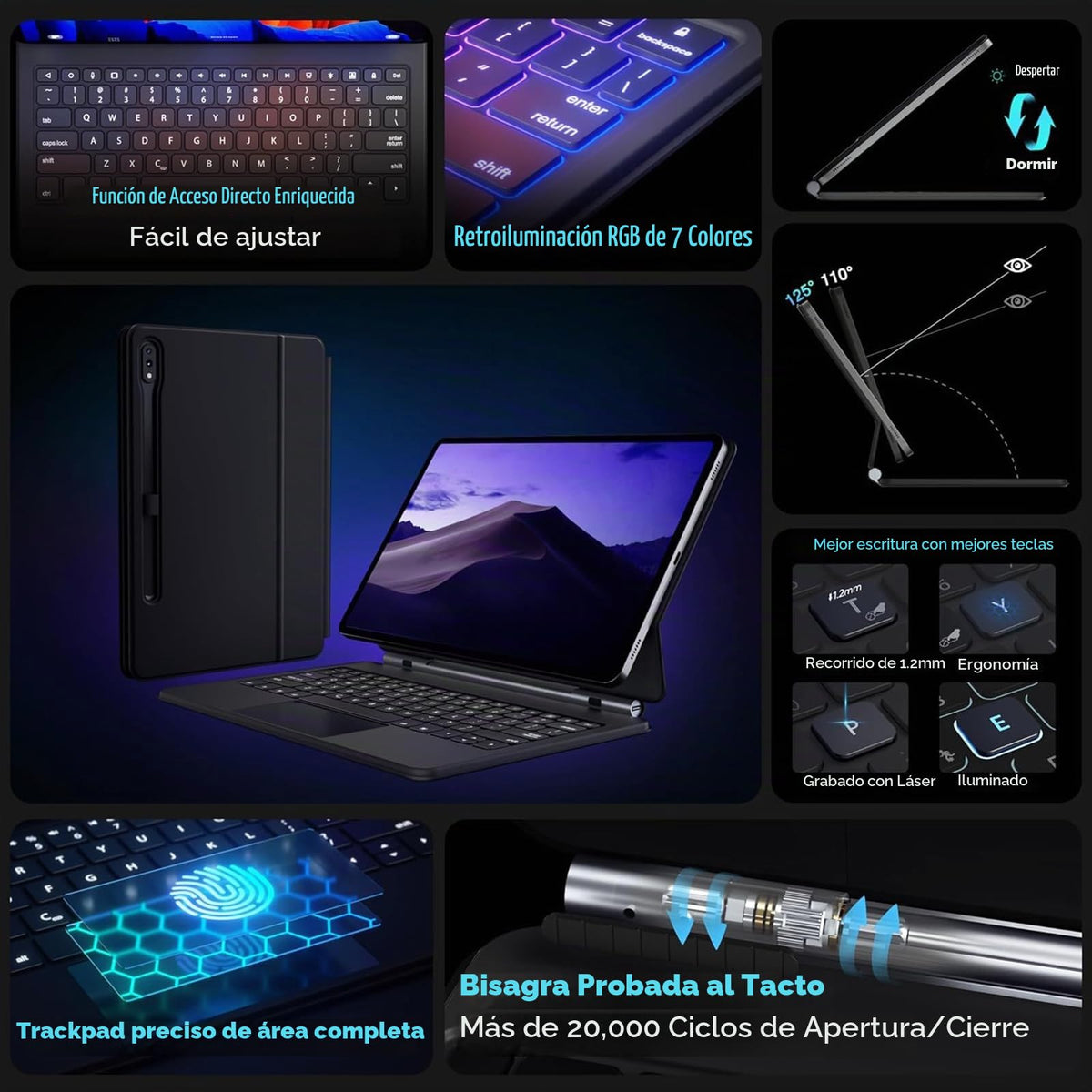 Teclado Magic zienstar Negro con Retroiluminación y Trackpad para Samsung Galaxy Tab S10+ Plus/S9+ Plus/S9 FE+ Plus/S8+ Plus/S7+ Plus/S7 FE 12.4"