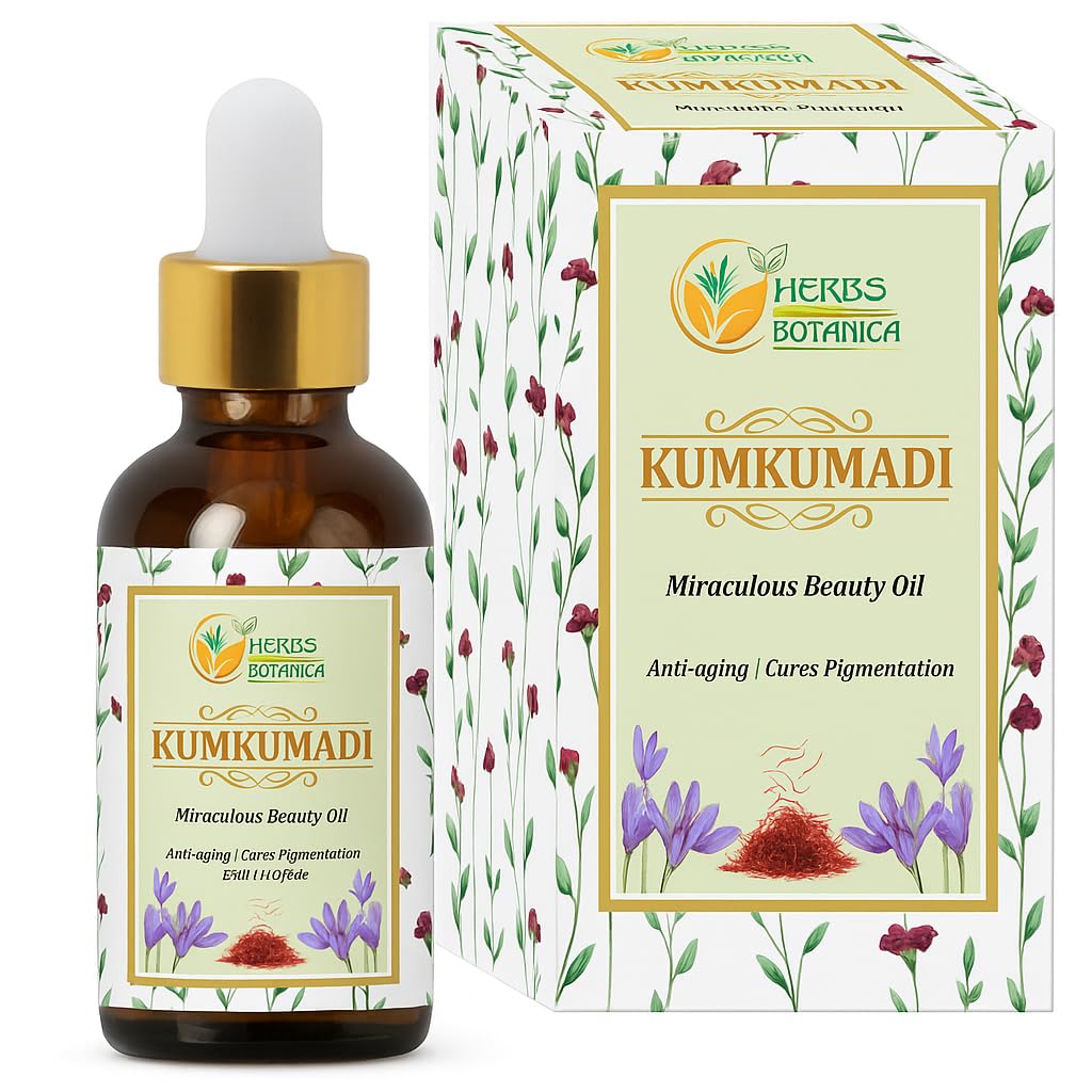 Herbs Botanica Kumkumadi Oil Pure Ayurveda Face Oil Anti Aging Face Serum with Saffron, Radiance Glow Serum Face Moisturizer 26 Herbs 30 Ml