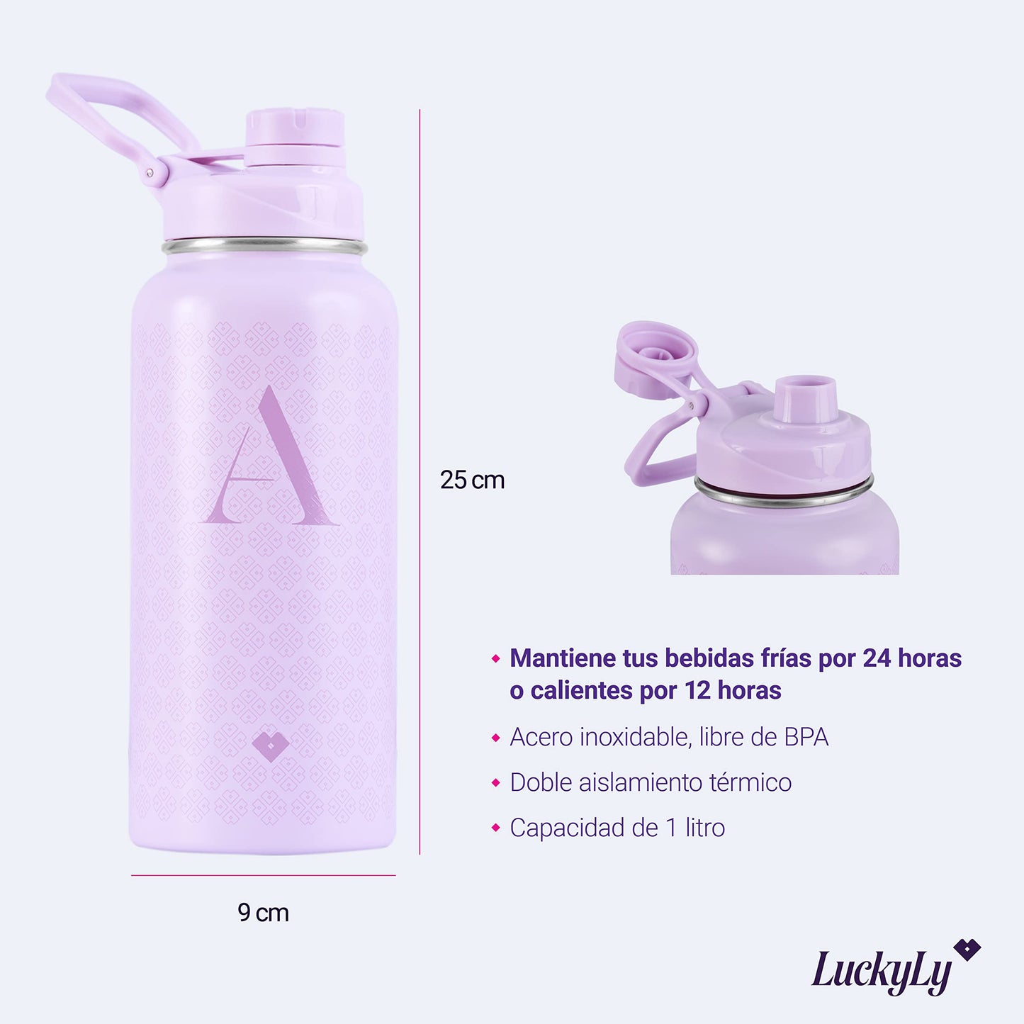 LuckyLy Termo de Acero Inoxidable con Iniciales 1 Litro, Doble Aislamiento Térmico y Tapa Hermética Antigoteo, Botella de Agua Motivacional ideal como Regalos para Mujer y Mamá – Modelo Terry, Letra M