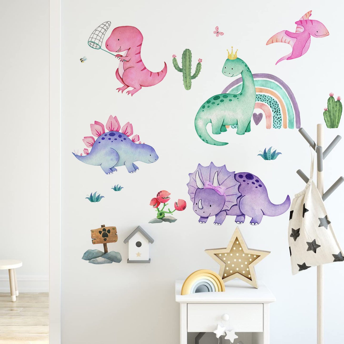 Yovkky - Calcomanías de pared de dinosaurios para niñas, decoración de cuarto de bebé, diseño de cactus de arcoíris, plantas tropicales, decoración del hogar, recámara de niños, sala de juegos