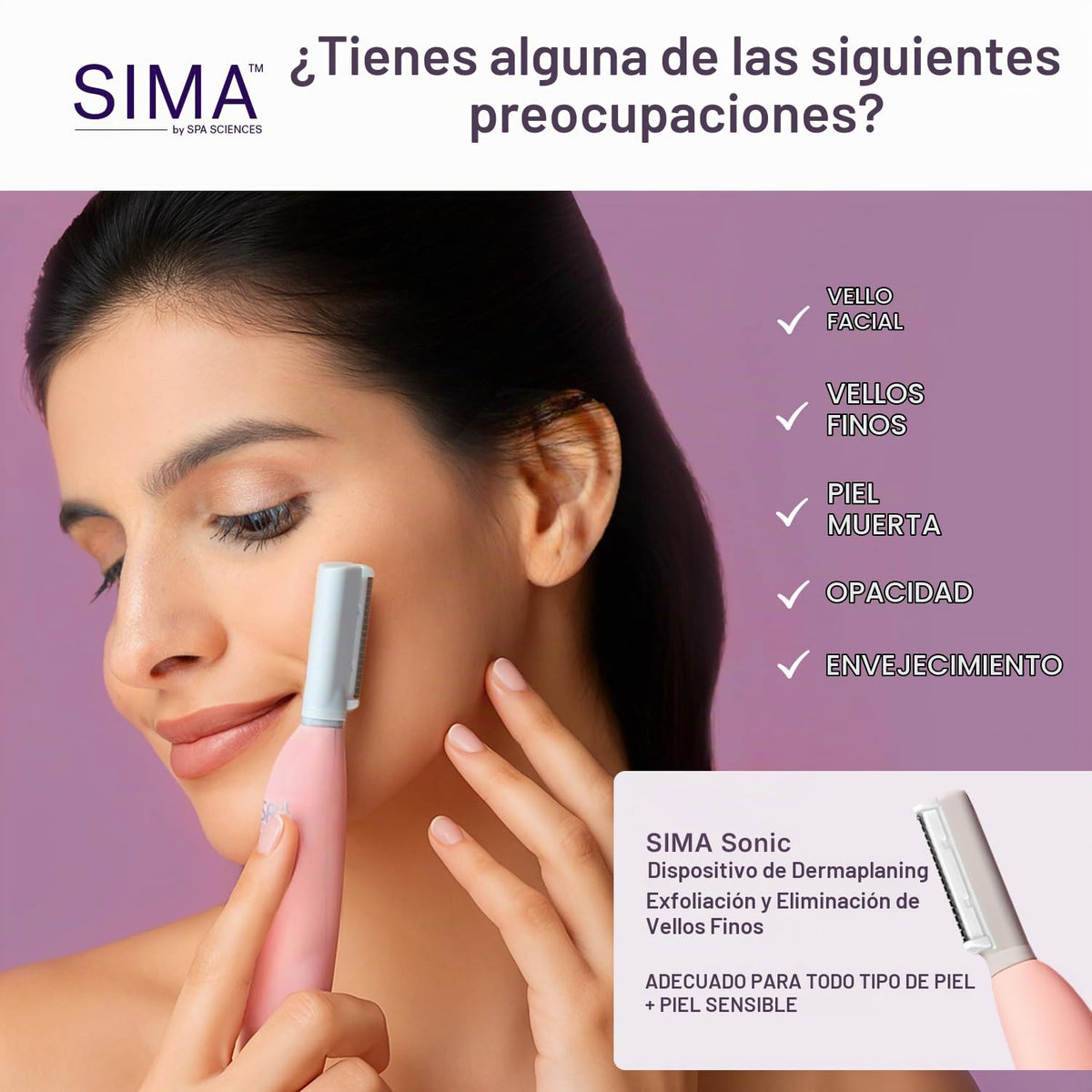 SPA SCIENCES Maquinilla De Afeitar Dermaplane Patentada Por Sima Para Rostro Femenino: Exfoliación Facial 2 En 1 Indolora Y Depilación De Vello Facial Antienvejecimiento 3 Velocidades Recarg