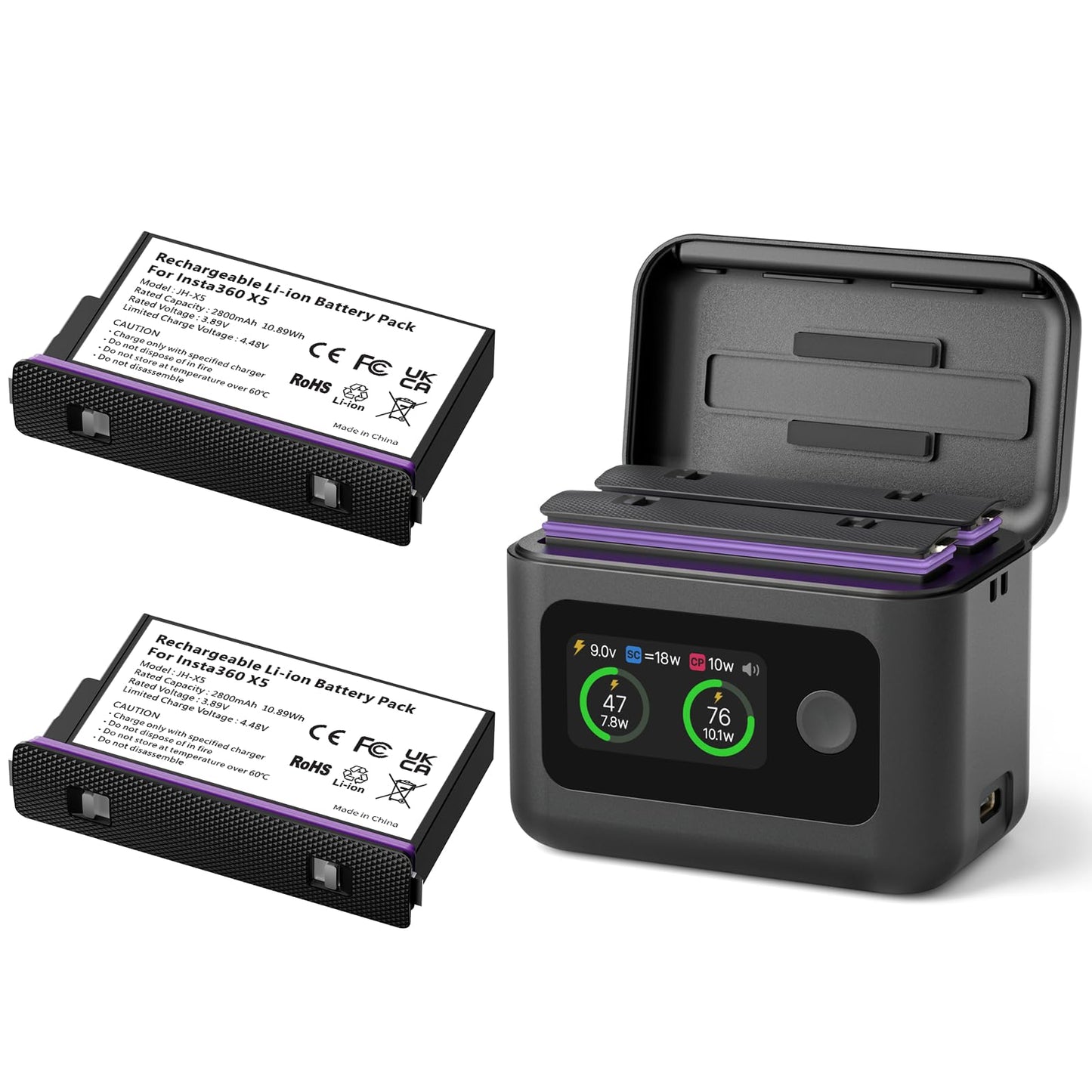 Insta - Baterías de 360 x 5 (2 paquetes) con concentrador de carga rápida de 27 W, doble funda de carga rápida con visualización LCD, hub inteligente de cargador bidireccional para Insta360 X5