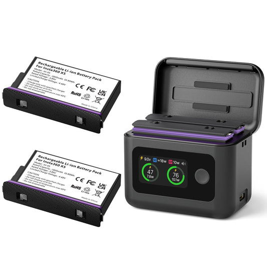 Insta - Baterías de 360 x 5 (2 paquetes) con concentrador de carga rápida de 27 W, doble funda de carga rápida con visualización LCD, hub inteligente de cargador bidireccional para Insta360 X5