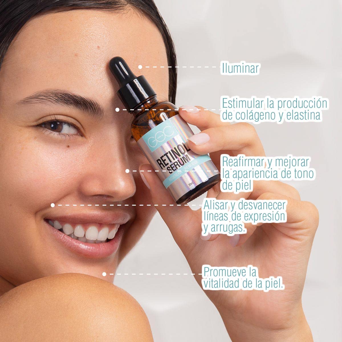 GOC, Suero De Retinol, Reafirma y alisa la piel, Mantiene la piel firme y tersa, Disminuye líneas de expresión, Atenua imperfecciones en la piel, Disminuye manchas, GSKIN08