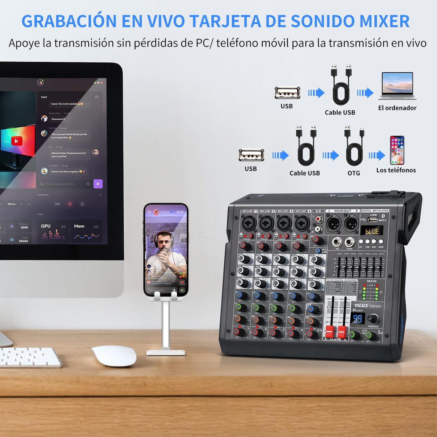 Mezclador de Audio Profesional TKLBLS Mezcla 6 Canales USB DSP Estéreo Phantom Power 48 V