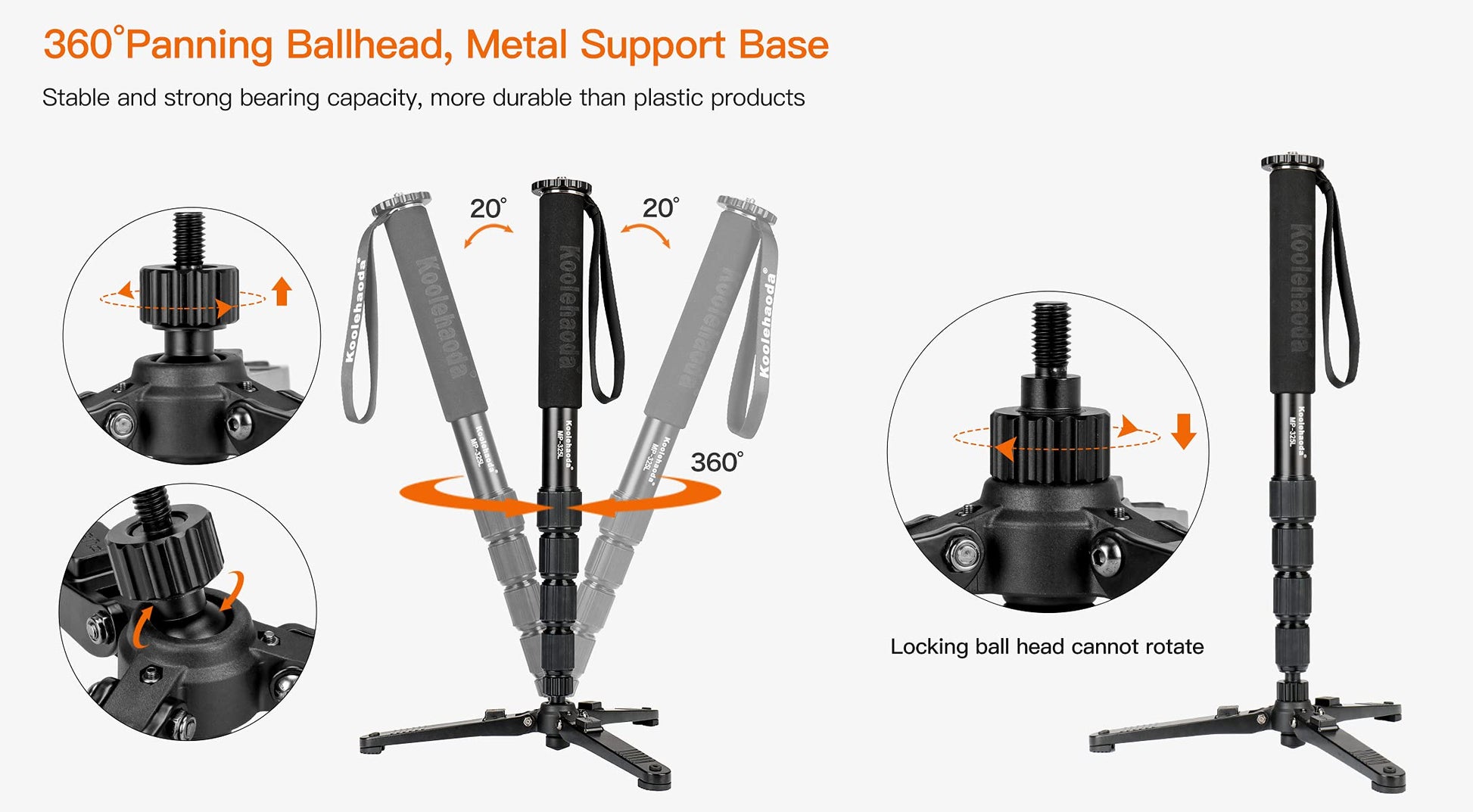koolehaoda - Mini trípode, Base Universal de 3 Patas, Soporte Unipod con Tornillo de 3/8 Pulgadas para monopodes, Cabeza de Bola - KM3