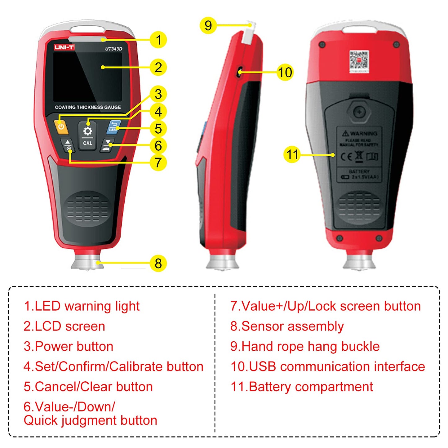 Medidor de Espesor Digital UT343D con USB 0-1250um
