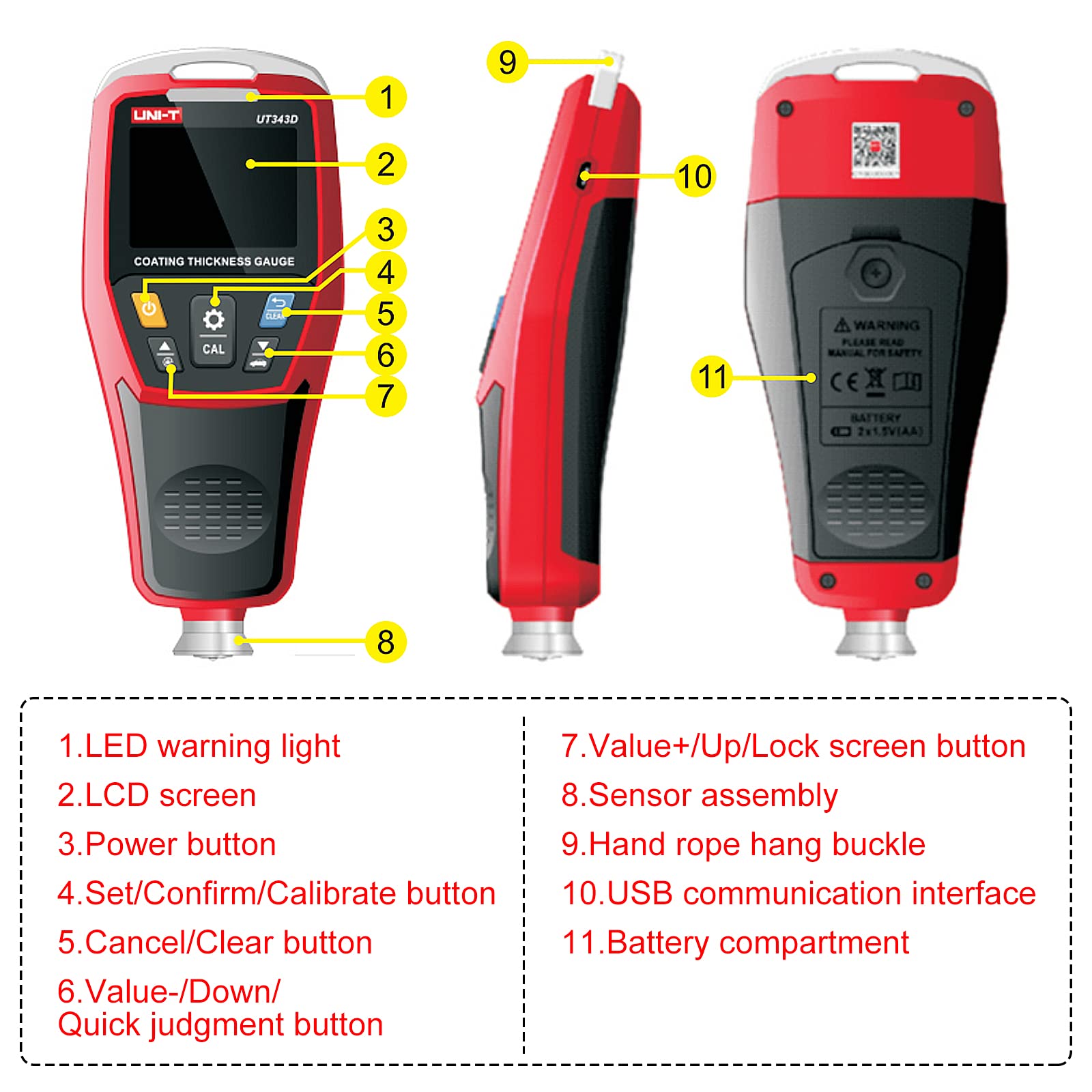 Medidor de Espesor Digital UT343D con USB 0-1250um
