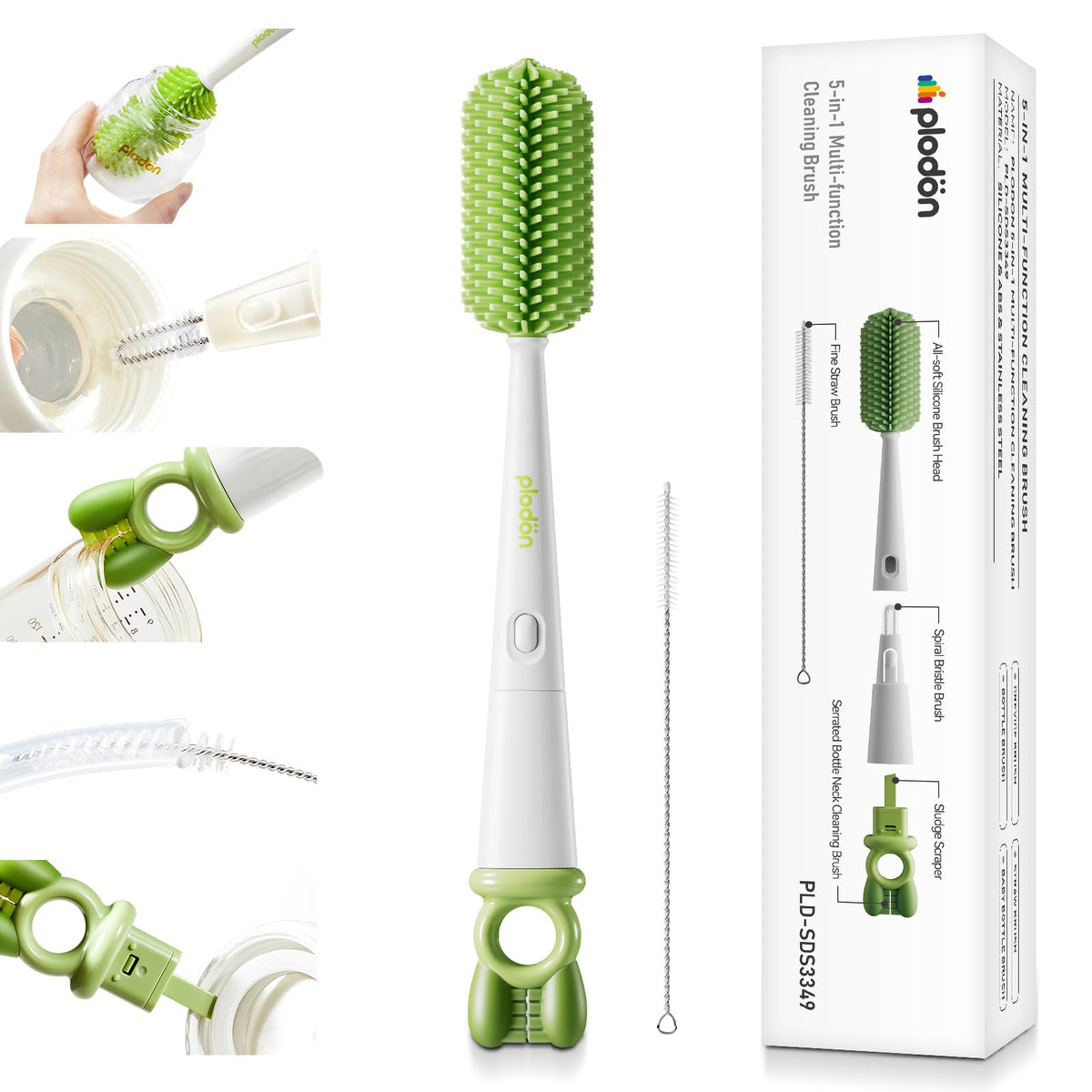 Plodon Desmontable de Cepillos para Biberones 5 en 1 - Set de Limpieza de Silicona portátil para biberones, Ideal para casa y Viaje, cepillos limpiadores para extractores de Leche Materna y tetinas