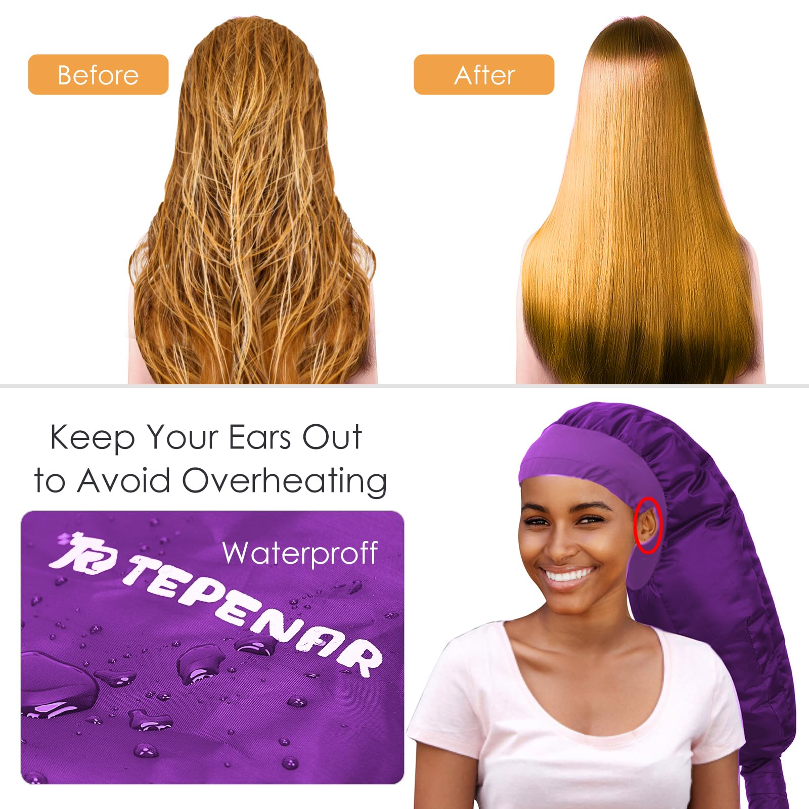 Accesorio para secador de pelo con capucha para capó mejorado: gorras de secadora suaves ajustables extra grandes - Fácil de usar para el cuidado del cabello rizado natural con textura, peinado de secado rápido - morado