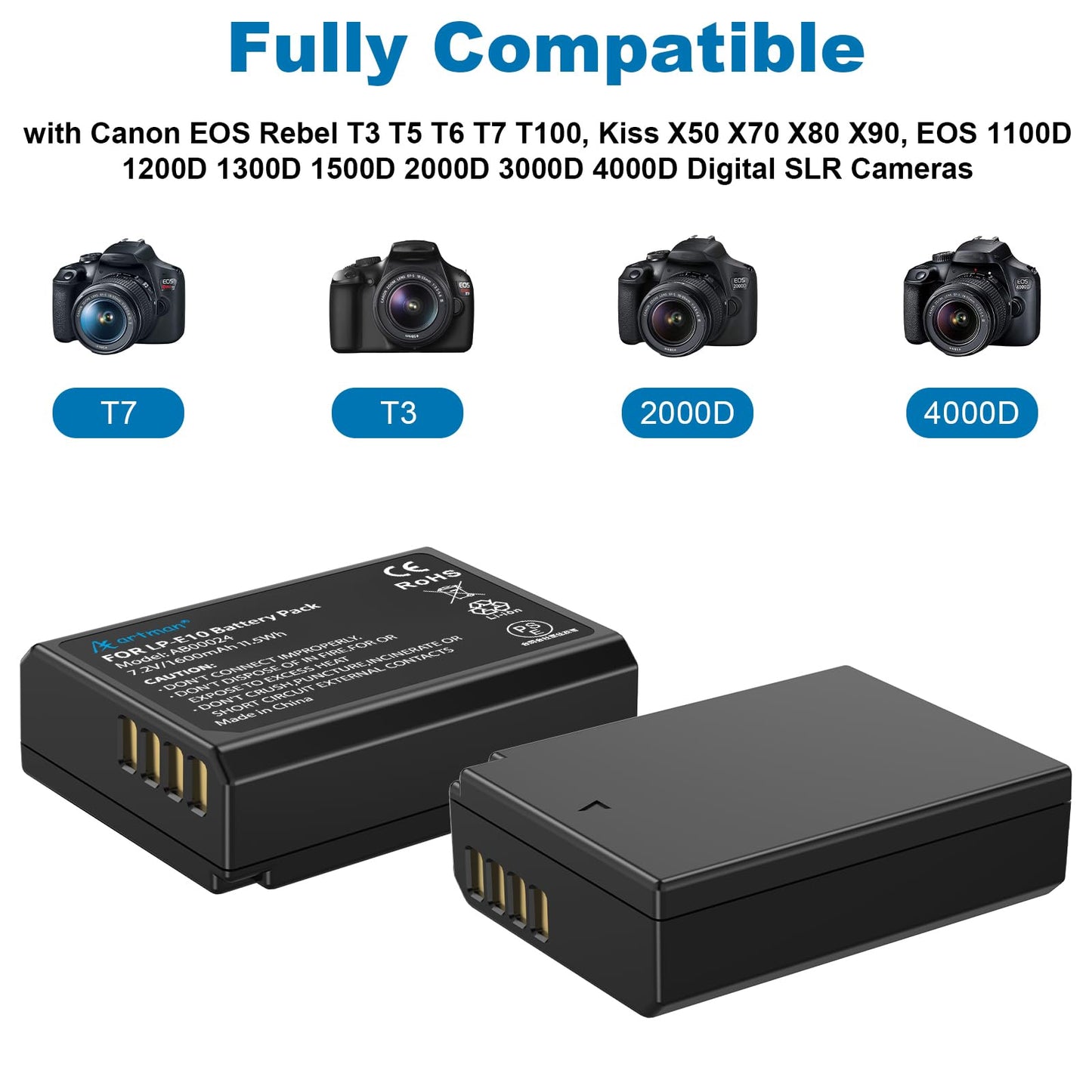 Artman LP-E10 Batería y Cargador USB Dual para Canon EOS Rebel T7 T6 T5 T3 T100, Kiss X50 Kiss X70 EOS 1100D/1200D/1300D/2000D Cámaras Digitales (2-Pack 1600mAh)