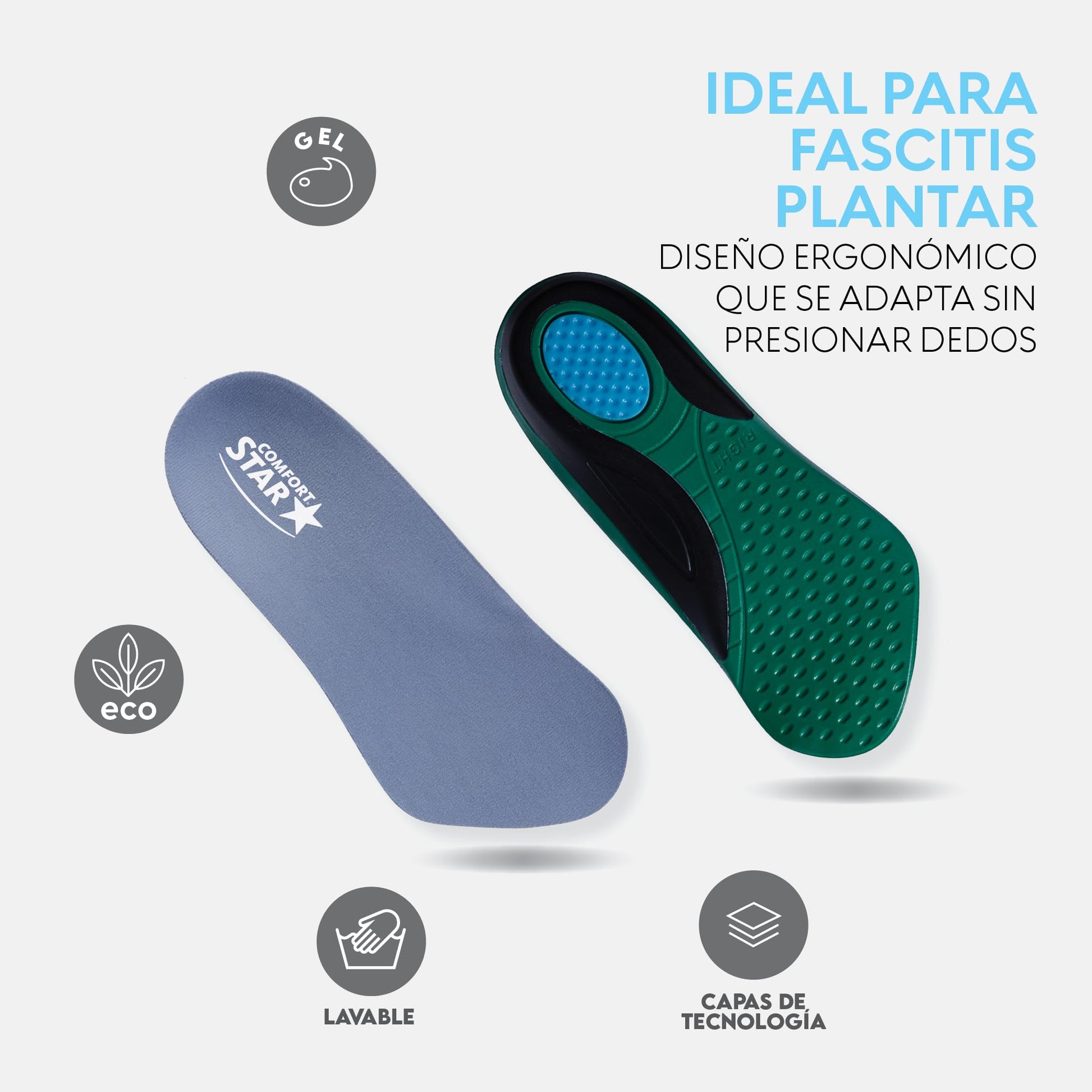 Media Plantilla Ortopédica Comfort Star Azul con Doble Absorción de Impactos para Mayor Comodidad