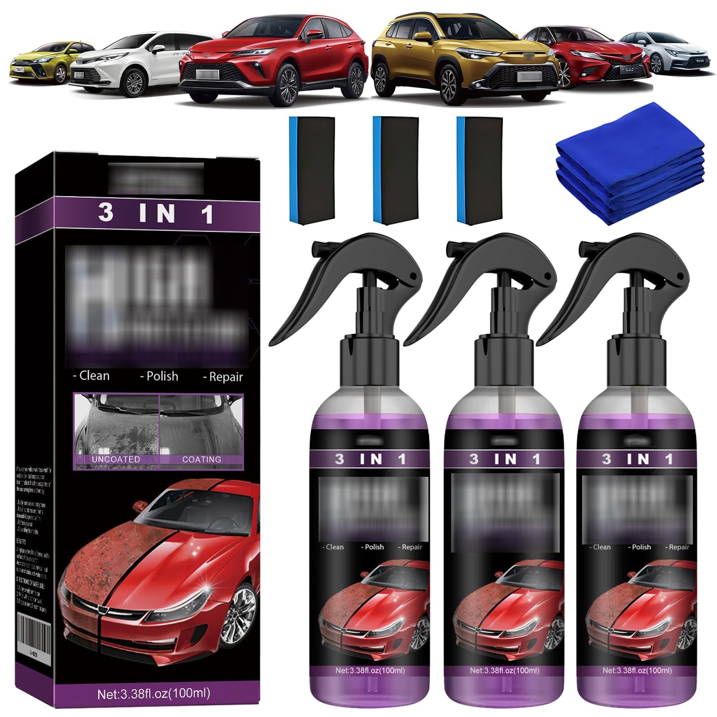 Spray de Recubrimiento de Coche VKUJDT Negro Acción Rápida con Alta Protección 3 en 1 360ml más Esponjas y Toallas