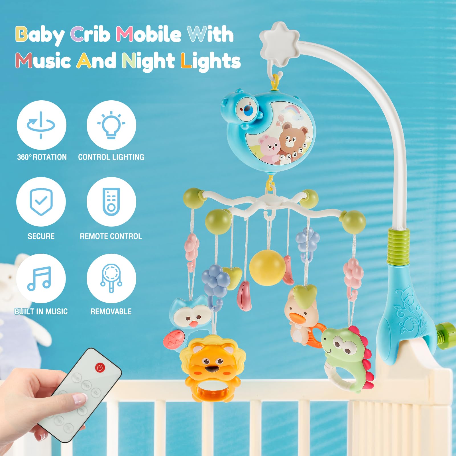 Móvil Musical Montessori Azul con Luces Nocturnas y Rotación de 360° para Bebé