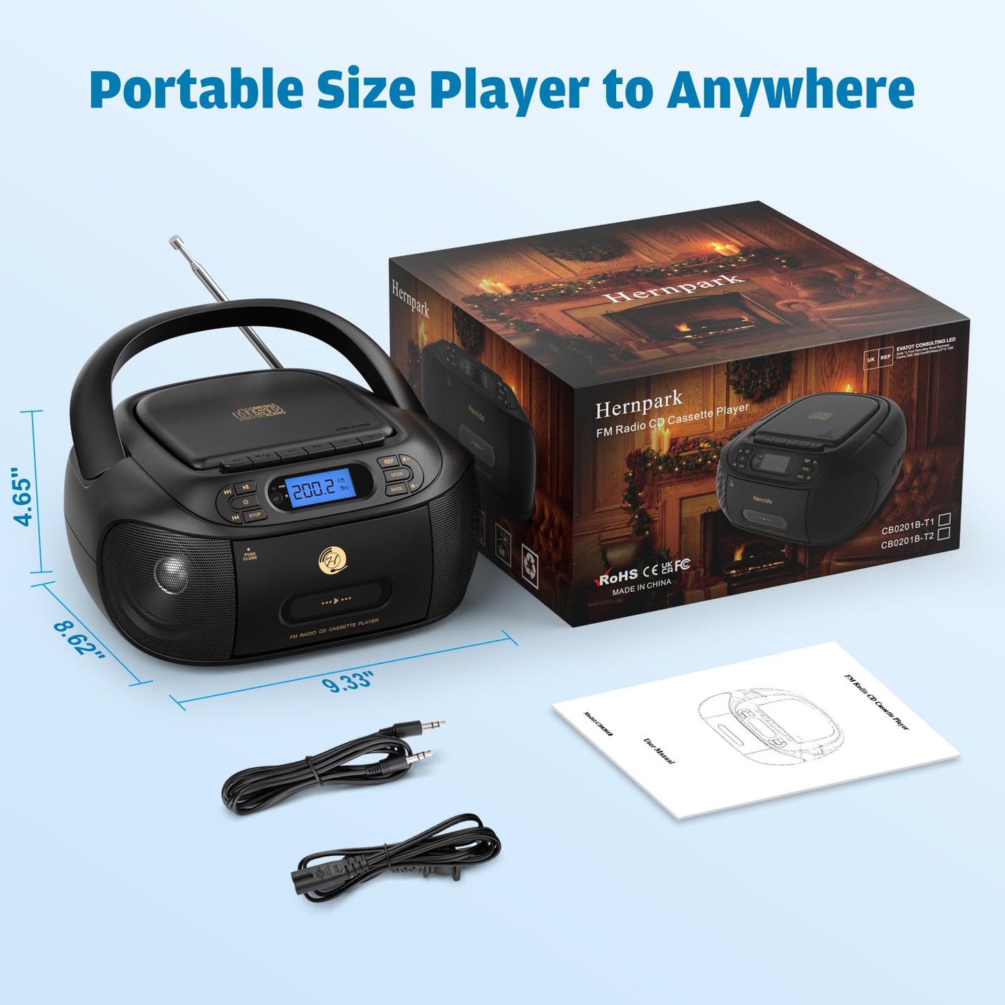 Hernpark - Combo de reproductor de casete de CD, caja de boombox recargable con Bluetooth 5.1, grabación de cinta, radio FM, súper graves, sonido estéreo, unidad auxiliar/USB, conector de auriculares,