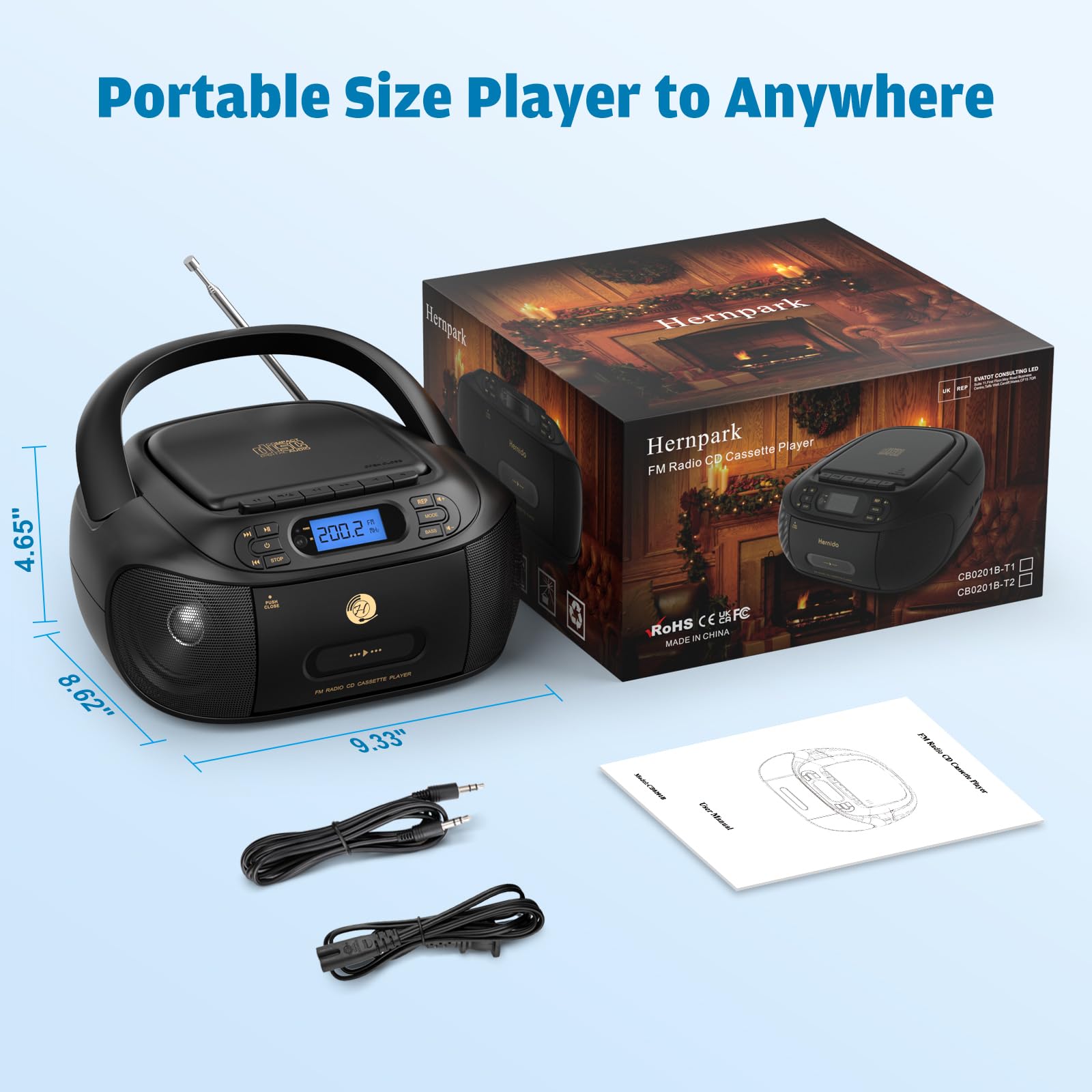 Hernpark - Combo de reproductor de casete de CD, caja de boombox recargable con Bluetooth 5.1, grabación de cinta, radio FM, súper graves, sonido estéreo, unidad auxiliar/USB, conector de auriculares,